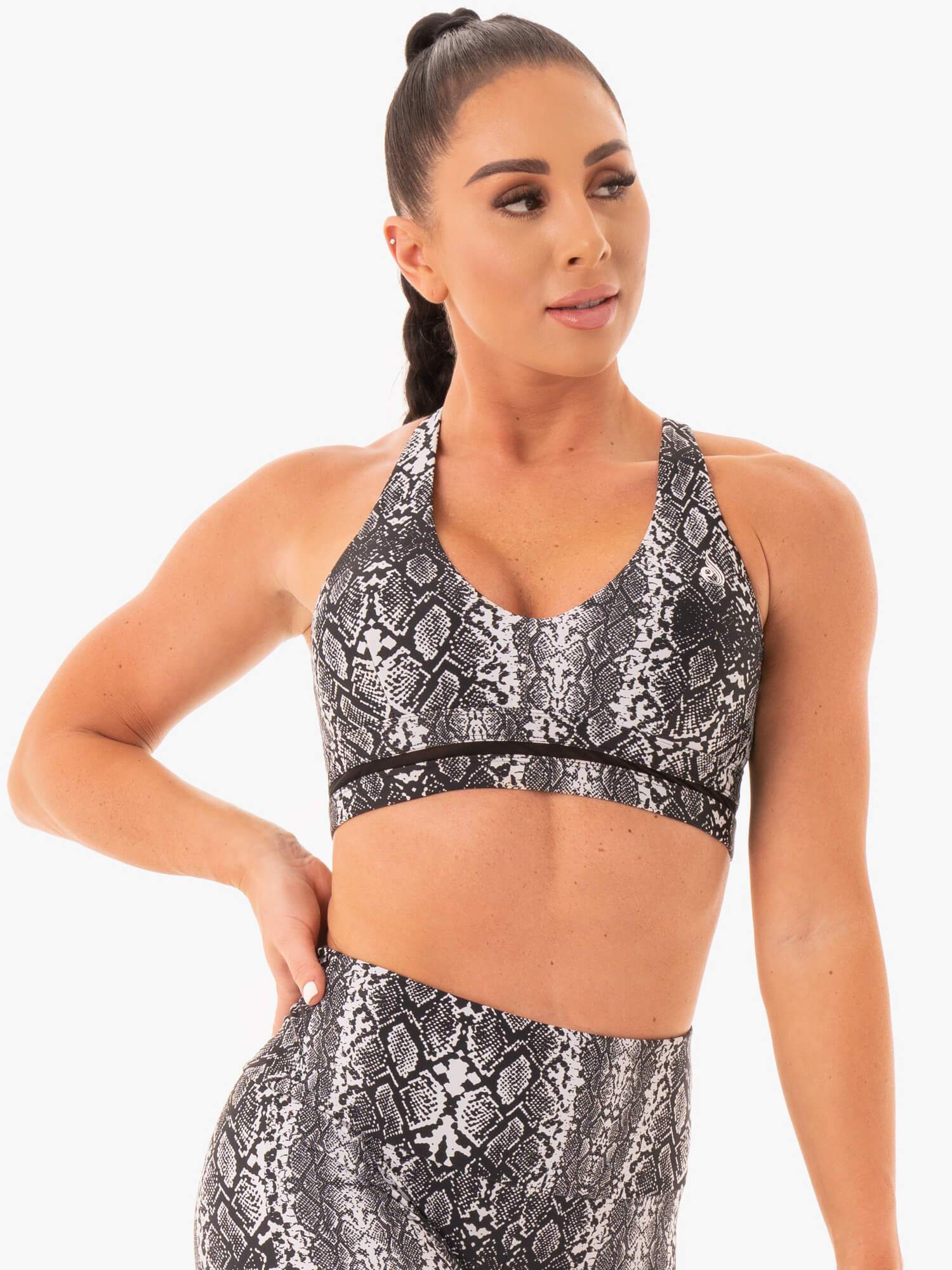 NEM X RW Sports Bra - High Support Workout Top for Women | White Snake Design | Perfect for Yoga, Running & Gym
