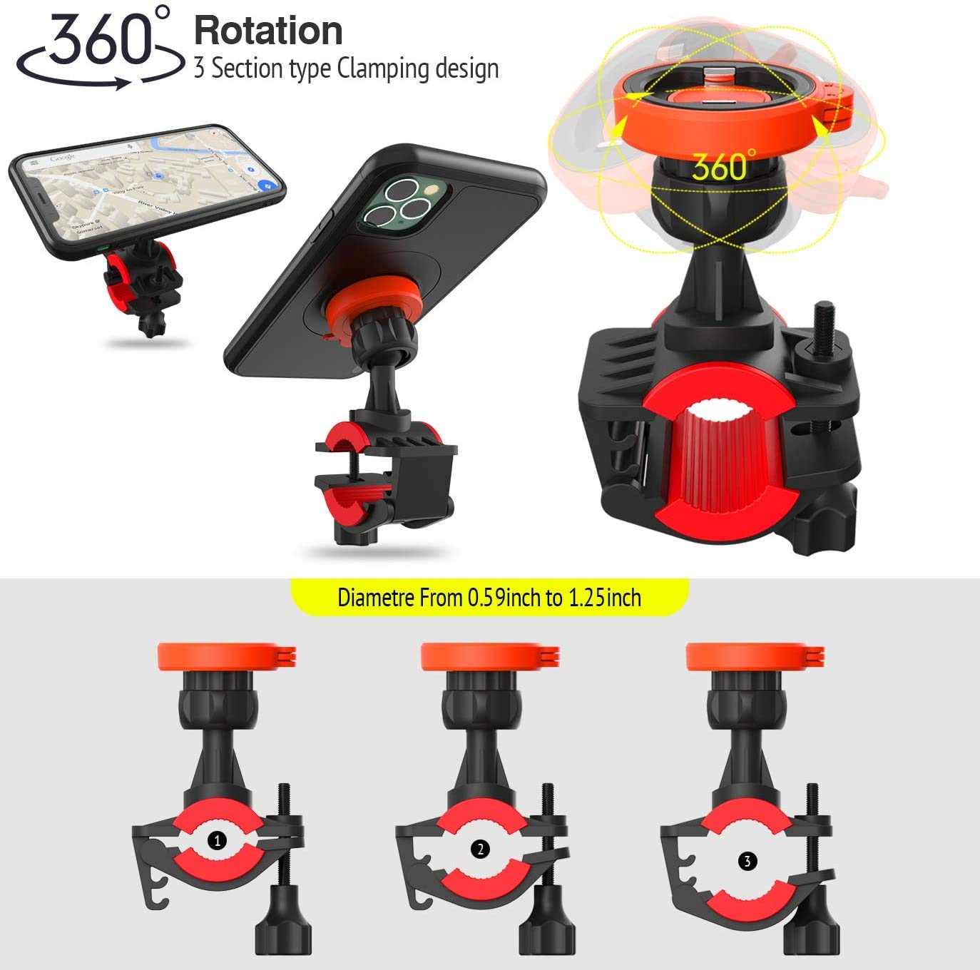 Shockproof 360° Rotatable Quick Release Bike Phone Mount Holder for iPhone 11 Pro - Compatible with Bicycle, Mountain Bike, Road Bike, MTB, eBike Handlebars - Perfect for Cycling, Commuting & Outdoor Adventures