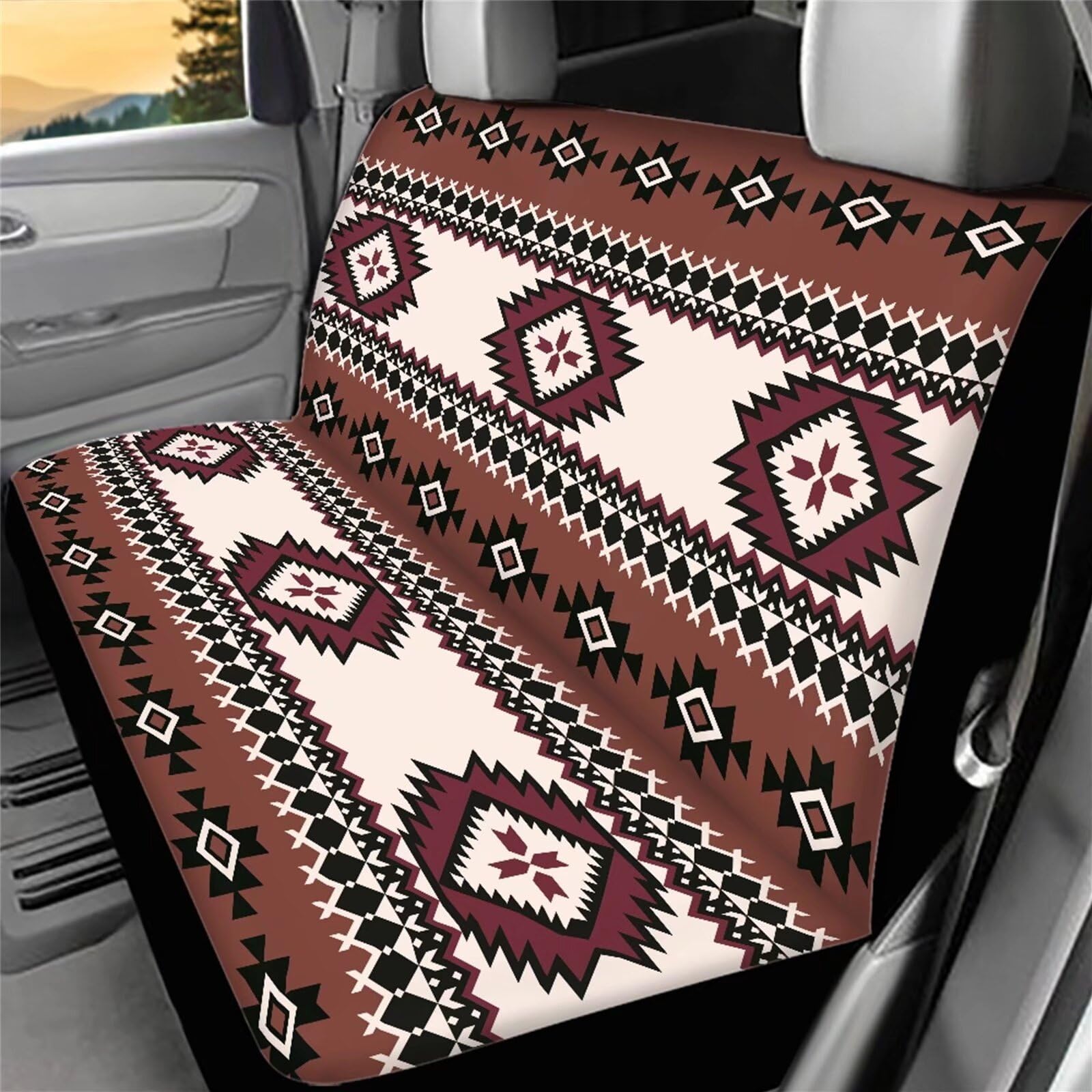 Aztec Rear Bench Seat Cover - Universal Stretchable Back Seat Protector for SUV & Truck - Split Design for Easy Access - Durable Car Interior Accessories for Kids & Pets - Perfect for Road Trips, Camping & Daily Commute