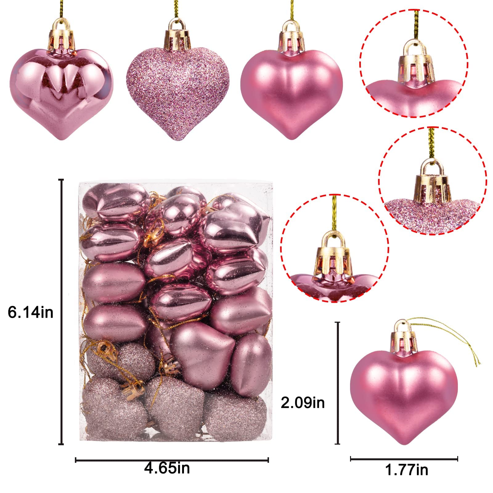 36pcs Rose Gold Heart Shaped Ornaments - Valentine's Day Wedding Anniversary Tree Decorations, Hanging Baubles for Home Party & Romantic Celebration