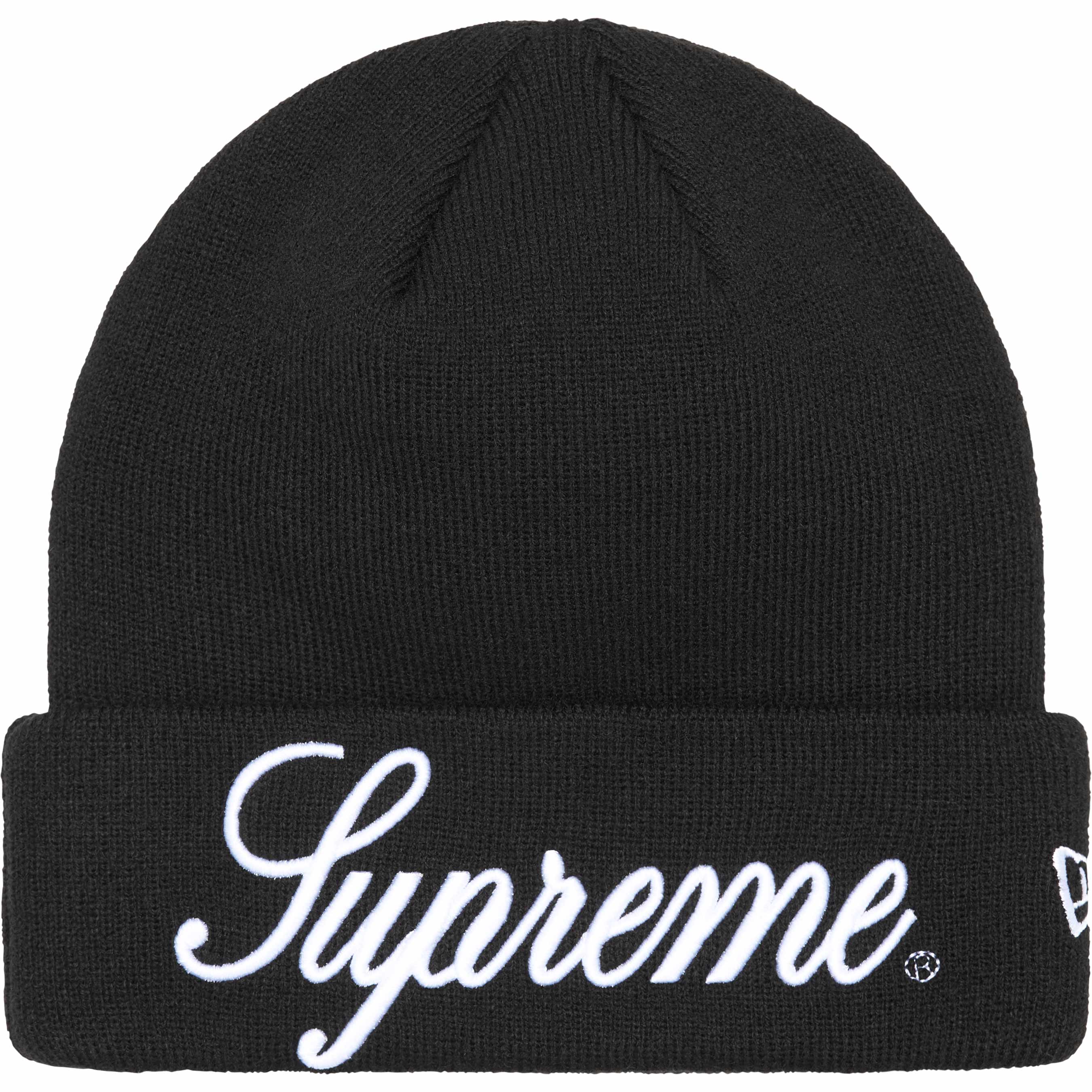 Supreme New Era® Script Beanie - Black Winter Hat for Men & Women - Warm Knit Skull Cap for Cold Weather, Outdoor Sports & Streetwear Fashion
