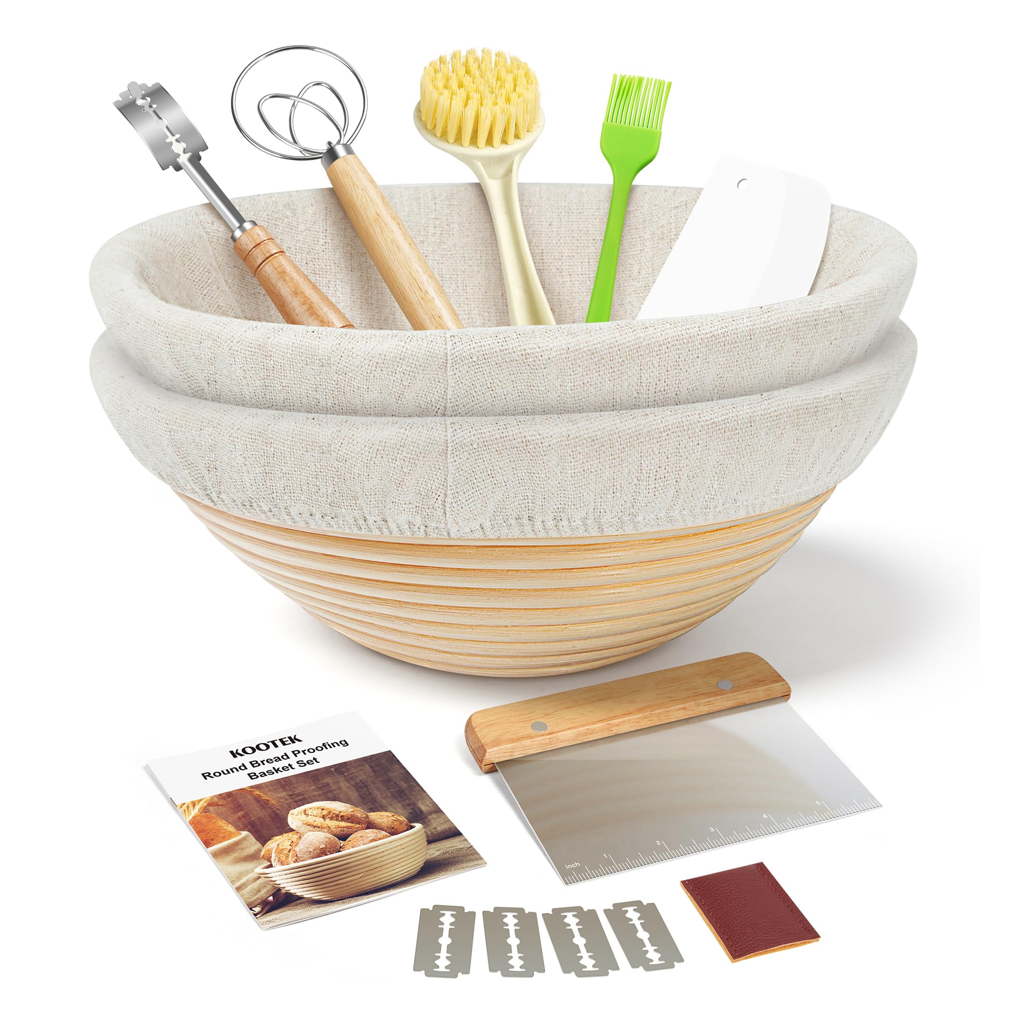Kootek 9 Inch Round Banneton Bread Proofing Basket Set of 2 - Sourdough Starter Kit with Dough Whisk & Scoring Lame - Artisan Bread Baking Supplies for Home Bakers - Perfect for Sourdough, French Bread & Homemade Loaves