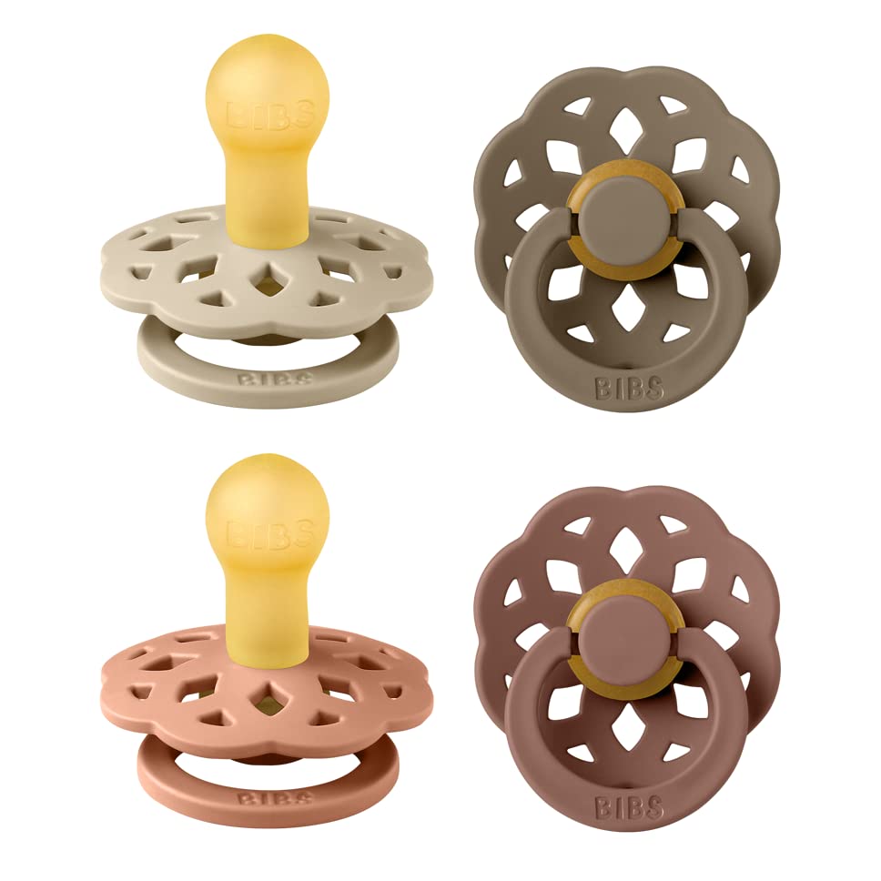 BIBS Boheme Soother 4-Pack - BPA Free Baby Pacifier for 0-6 Months, Round Nipple Natural Rubber Latex, Made in Denmark (Peach Mix) - Perfect for Newborns, Daycare & Travel Essentials