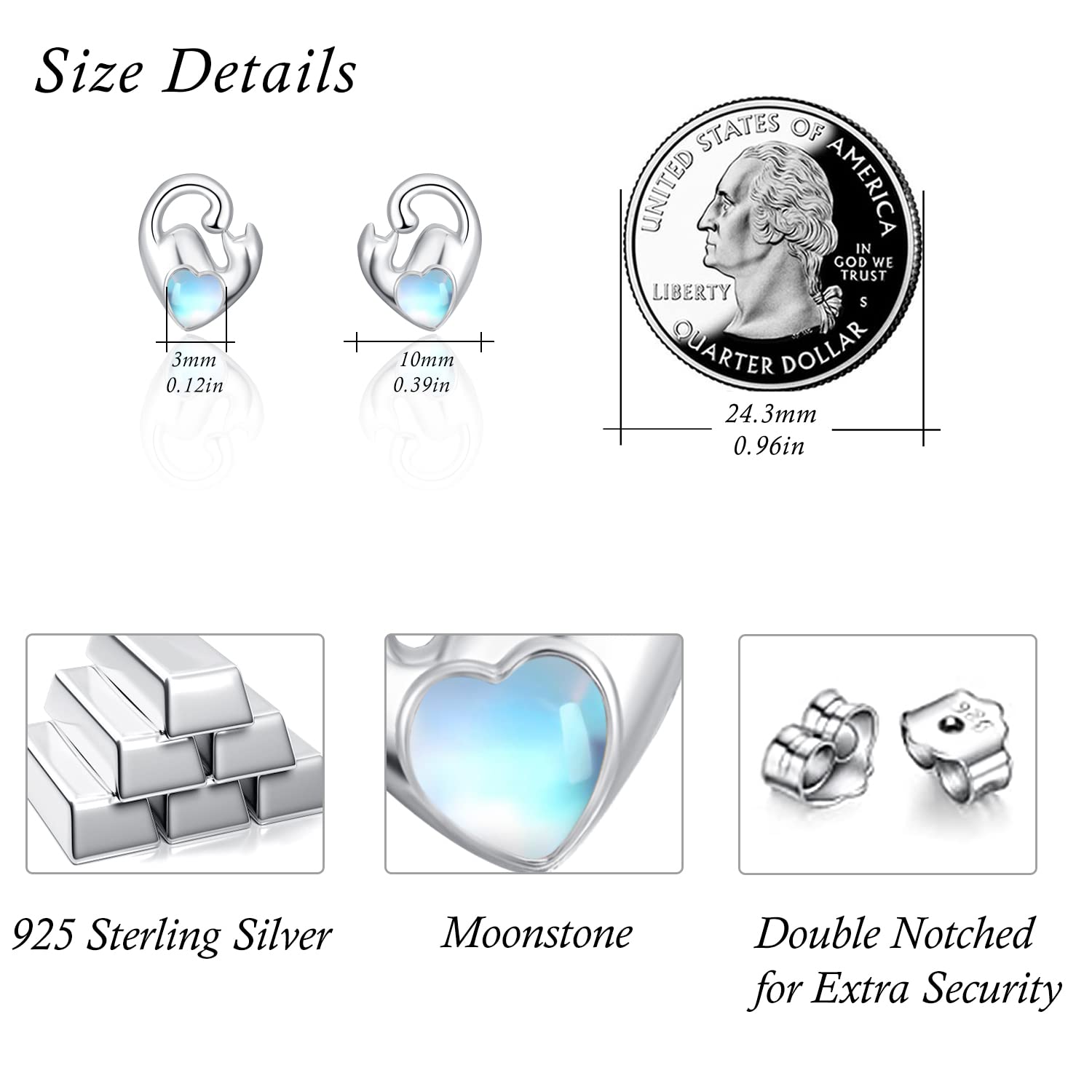 DreamBoat Sterling Silver Cat Stud Earrings for Women - Cute Kitten & Moonstone Heart Jewelry - Perfect Gift for Cat Lovers & Animal Jewelry Enthusiasts - Ideal for Casual Wear, Date Nights & Special Occasions