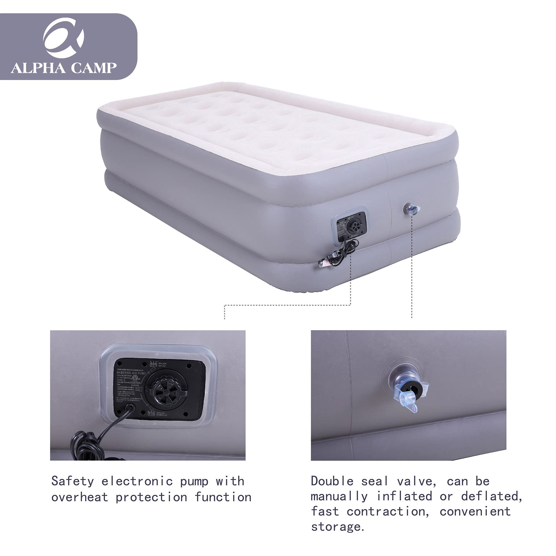 **ALPHA CAMP 18-Inch Twin Air Mattress with Built-in Pump - Double High Inflatable Airbed for Camping, Travel & Guests - Flocked Top, Storage Bag & Repair Patch Kit Included - Perfect for Home, Outdoor & Emergency Use**
