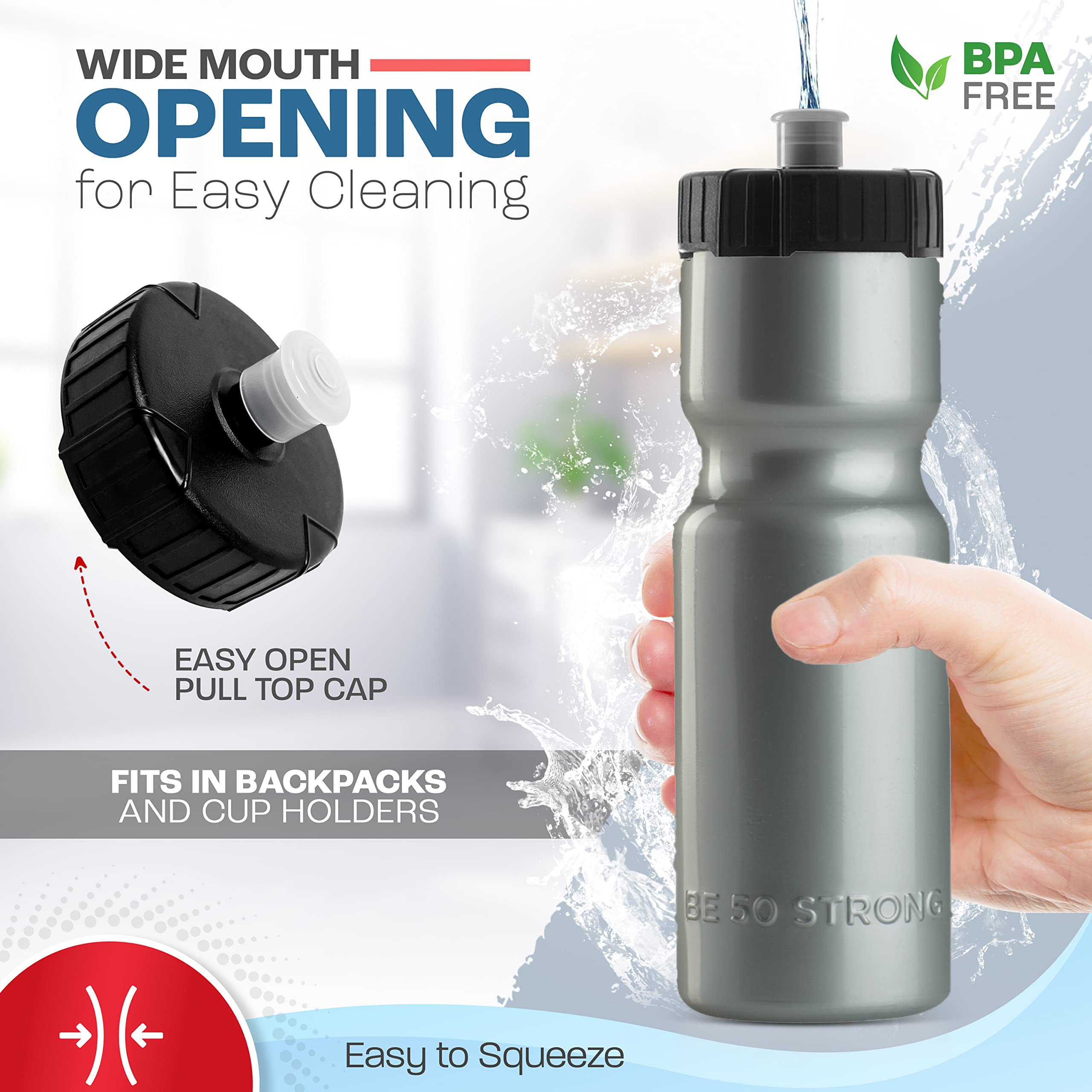 50-Pack BPA-Free Reusable Plastic Water Bottles - 22oz Sports Water Bottles with Pull-Top Cap, Dishwasher Safe for Adults & Kids | Bulk Water Bottles for Gym, School, Office & Outdoor Activities | Made in USA