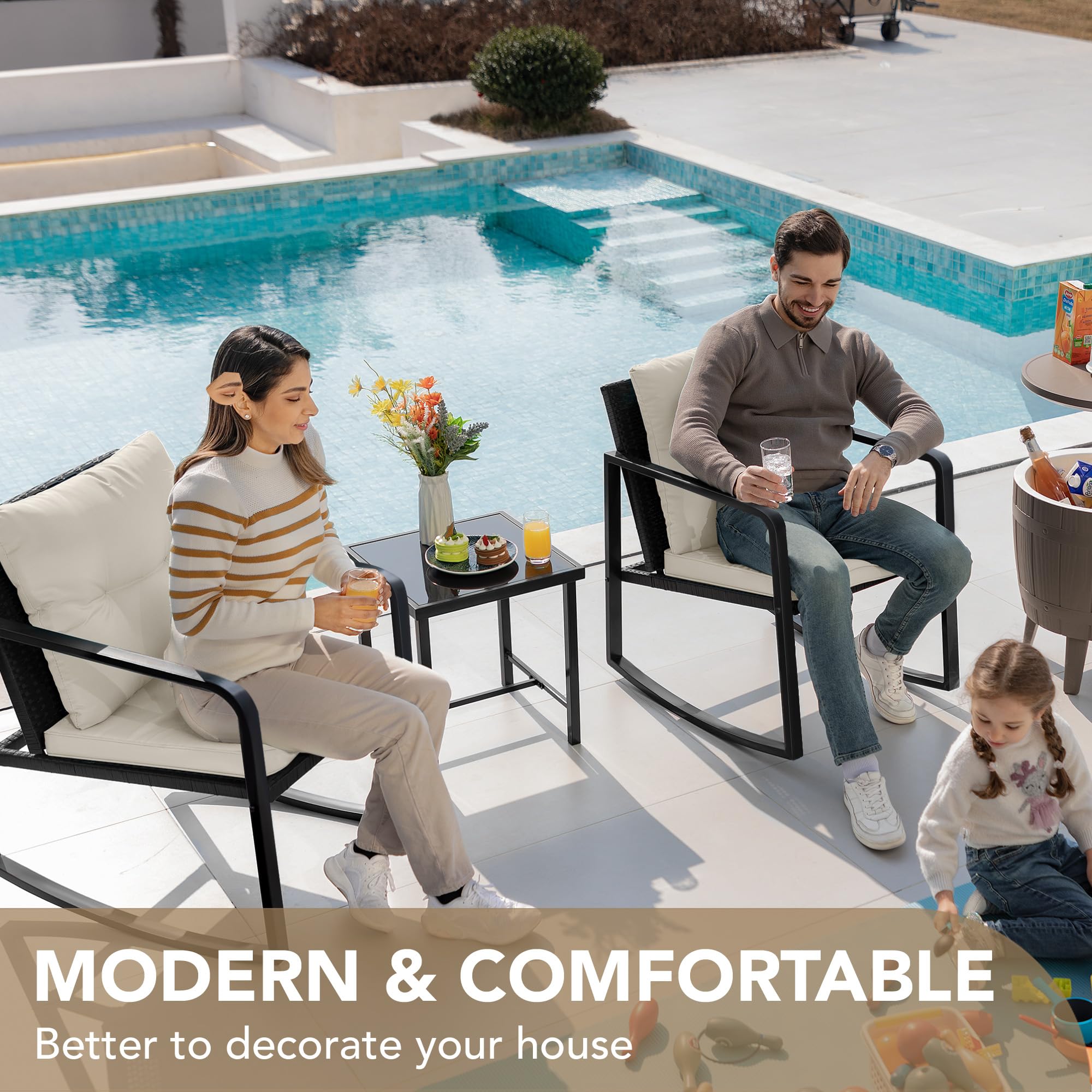 Devoko 3-Piece Wicker Patio Furniture Set - Outdoor Rocking Bistro Chairs with Glass Coffee Table, Beige - Perfect for Porch, Garden, Backyard & Poolside Relaxation