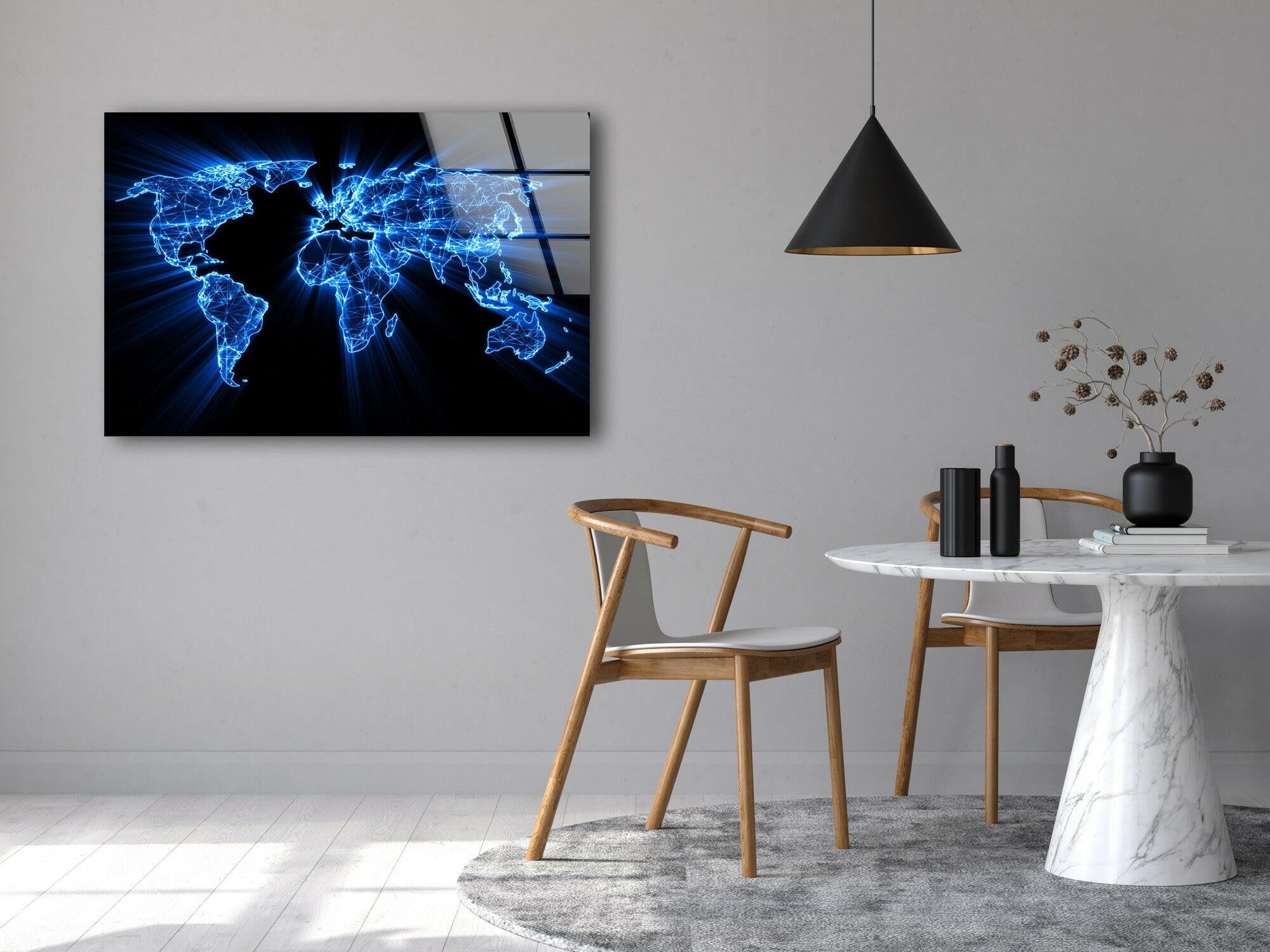 Blue Neon World Map Glass Wall Art - Modern Home Decor for Living Room, Bedroom & Office - Unique Gift Idea for Travel Lovers & Geography Enthusiasts