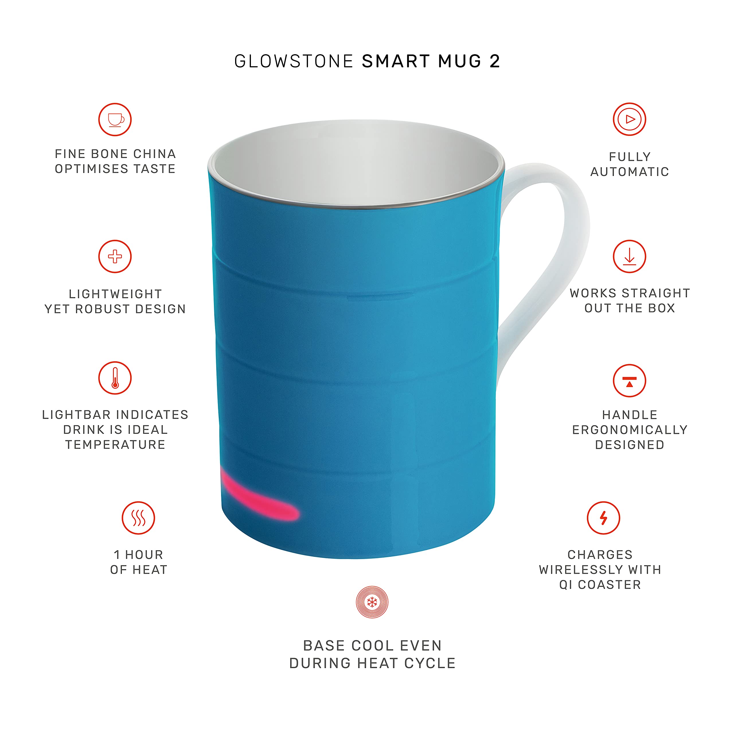 Glowstone Smart Mug – 11oz Fine Bone China Self-Heating Coffee Cup with Wireless Charging | Dishwasher Safe Ceramic Tea Mug | 1-Hour Battery Life | Perfect for Office, Home & Travel Use