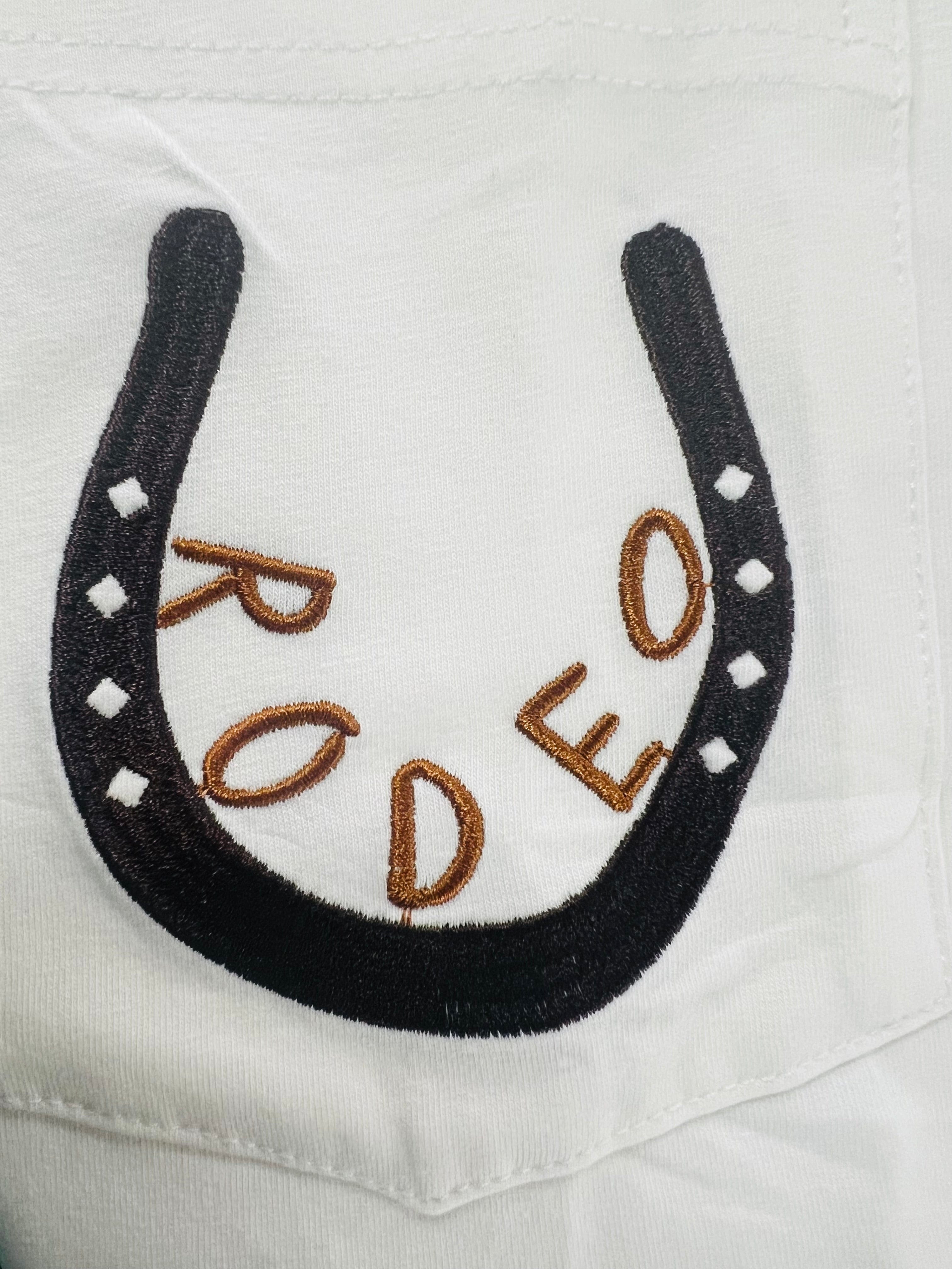 White Rodeo Horseshoe Embroidered Patch Pocket T-Shirt for Men & Women - Western Cowboy Style Tee for Rodeo, Country Music Festivals & Casual Wear