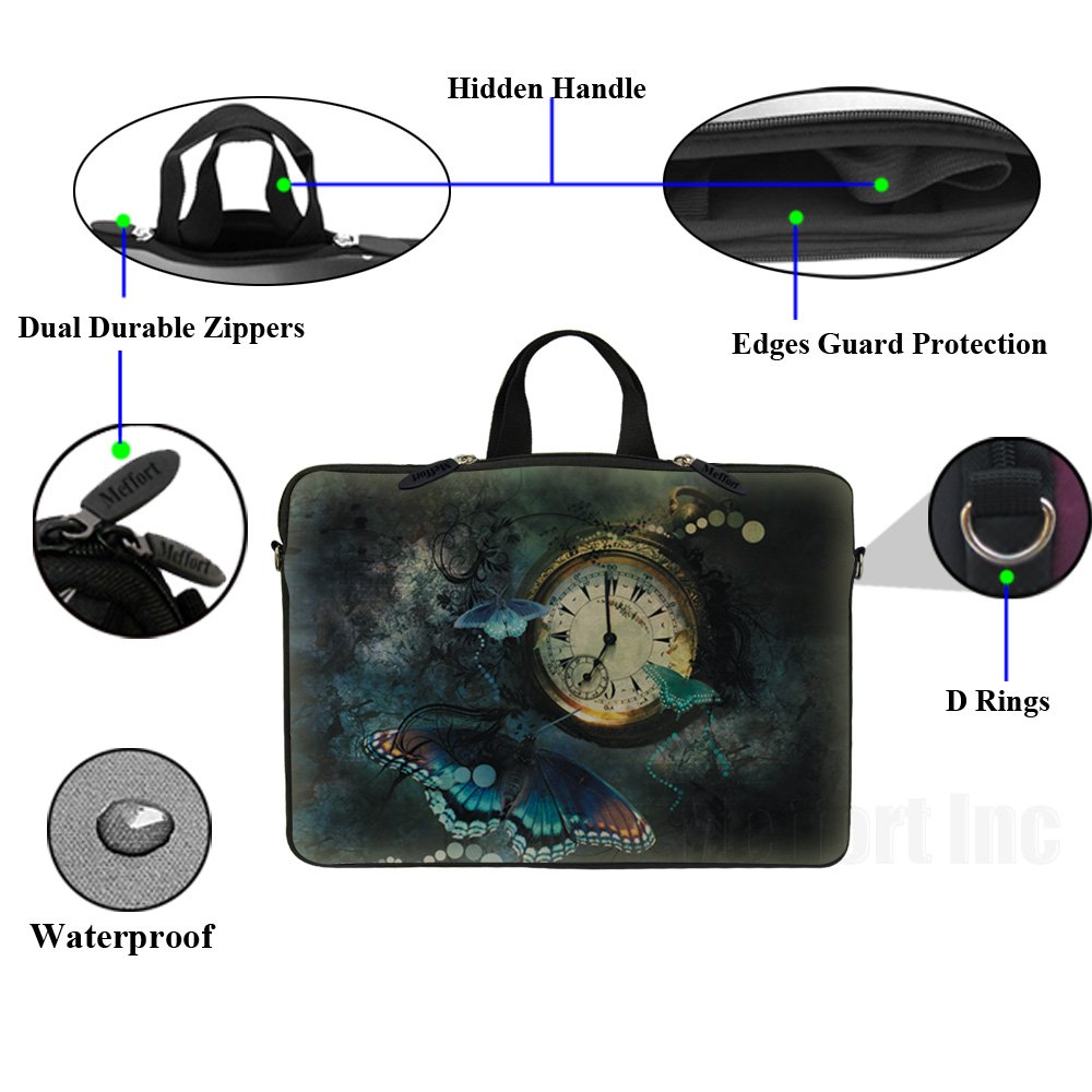 14-14.5 Inch Neoprene Laptop Sleeve Case with Hidden Handle - Compatible with MacBook Air, Ultrabooks & Chromebooks | Protective Computer Bag for Work, School & Travel | Clock Butterfly Design