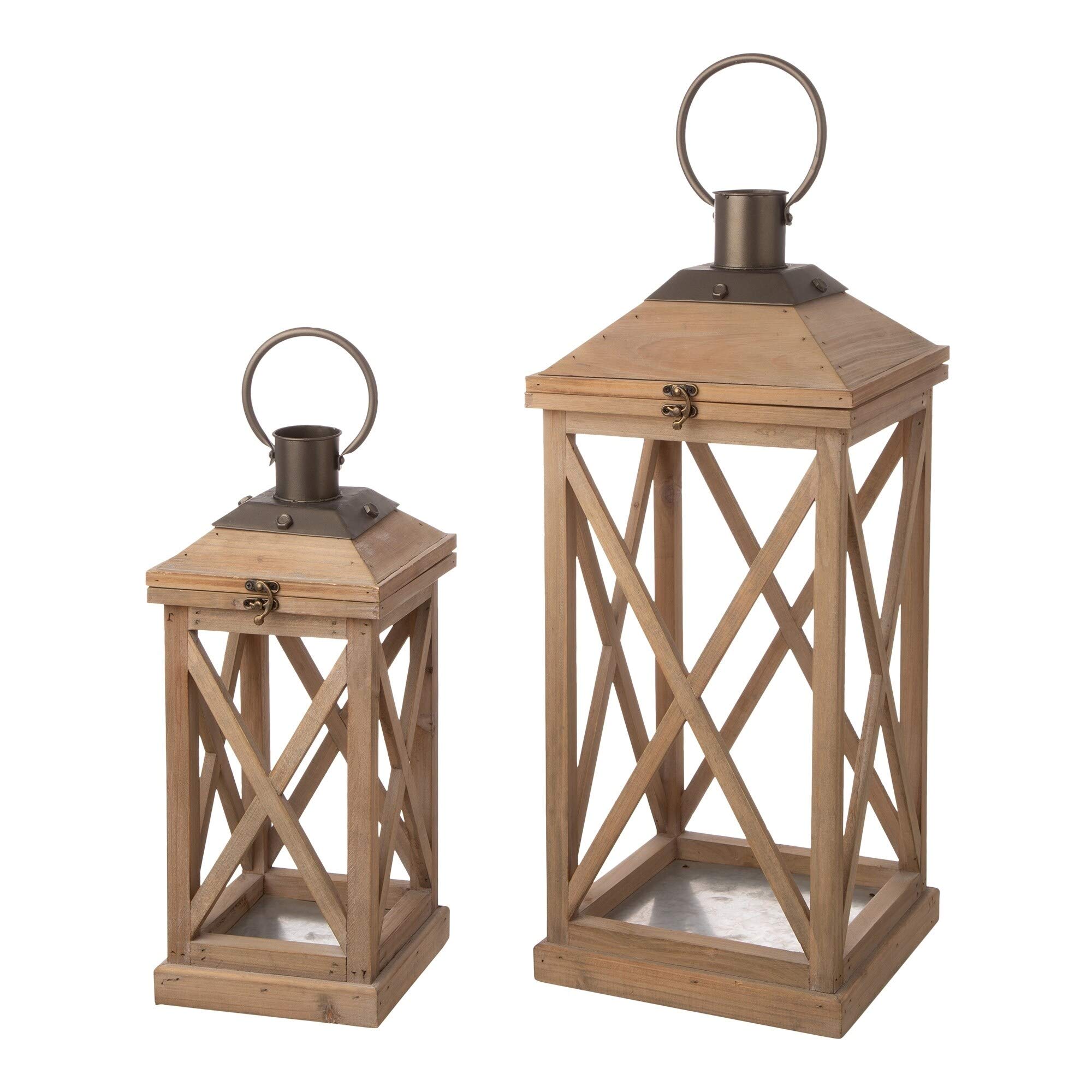 Set of 2 Modern Farmhouse Wooden Lanterns - Brown Contemporary Iron Wood Finish for Home Decor, Wedding Centerpiece, and Outdoor Patio Lighting