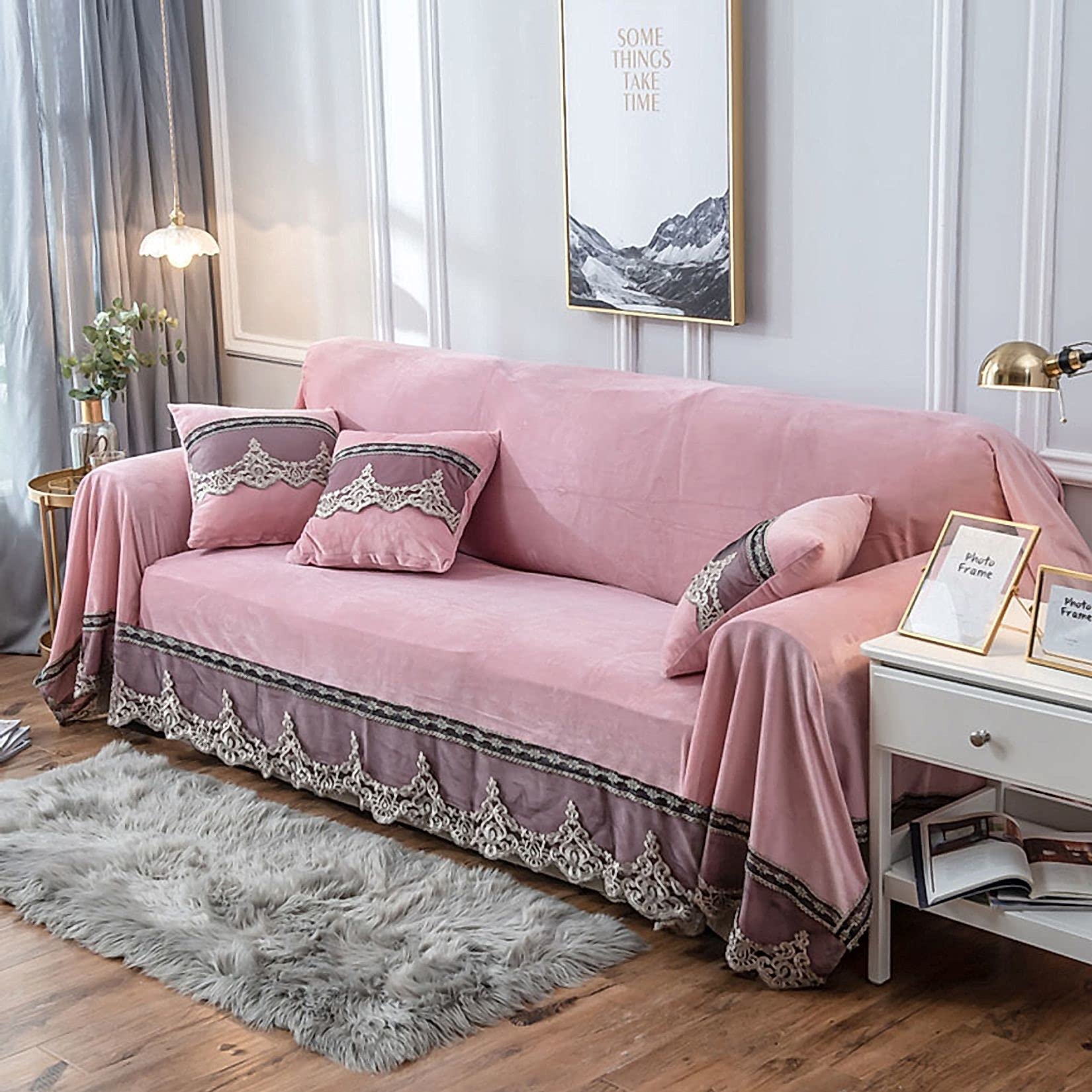 SINKITA Non-Slip Armrest Sofa Slipcover - Machine Washable Furniture Protector for 1-4 Cushions, Lace Plush Sofa Cover with Skirt (Pink, XL 200x350cm) - Perfect for Living Room, Bedroom & Home Decor Protection