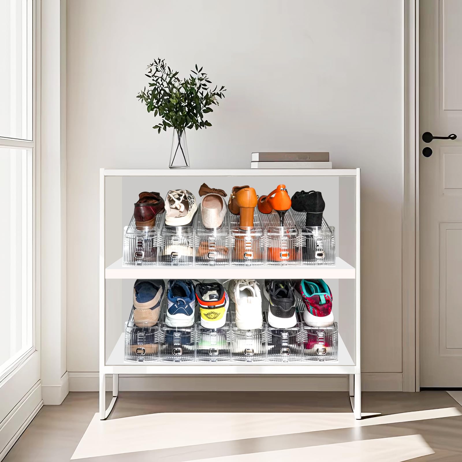 12PCS Adjustable Double Layer Shoe Rack Organizer - Space Saving Transparent Shoe Storage for Closet & Entryway - Stackable Shoe Holder for Sneakers, Heels & Boots
