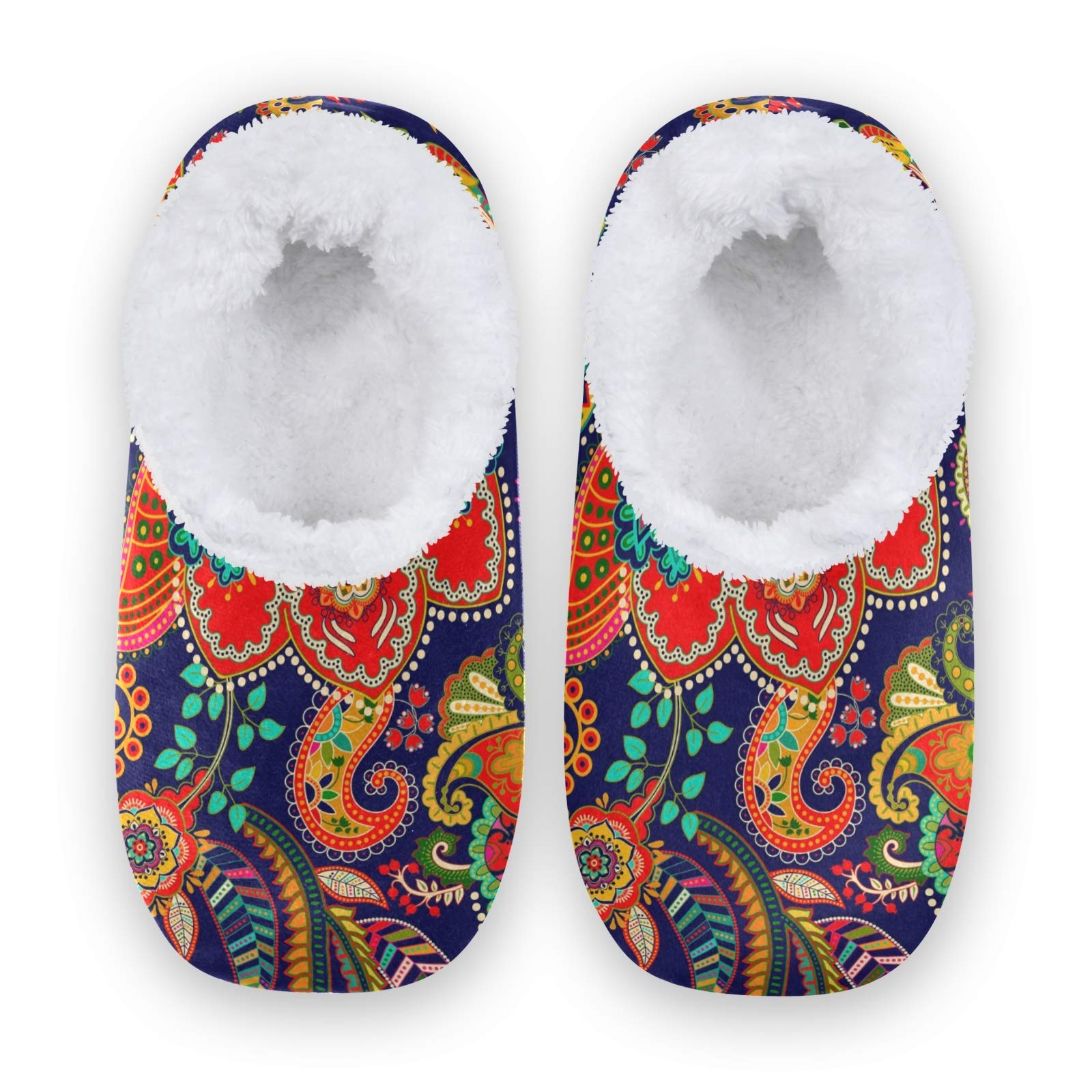 Bohemian Ethnic Flower Paisley House Slippers - Soft Coral Fleece Fuzzy Slipper Socks for Women, Men, Girls & Boys - Indoor & Outdoor Wear - Perfect for Home, Lounge & Backyard Relaxation