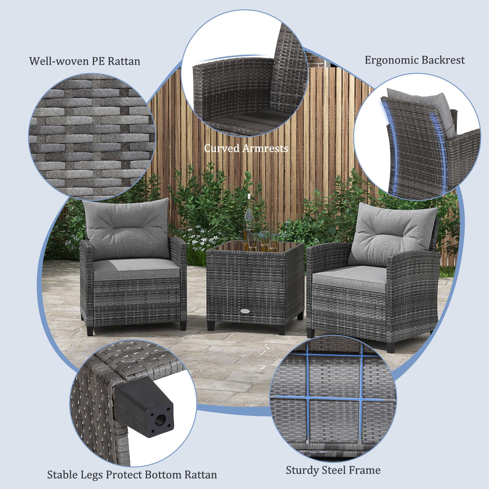 KOTEK 3-Piece Outdoor Patio Furniture Set - PE Rattan Wicker Chairs & Glass Top Table with Washable Cushions - Grey Conversation Set for Porch, Garden, Balcony, Deck & Backyard - Perfect for Relaxing, Entertaining & Outdoor Dining