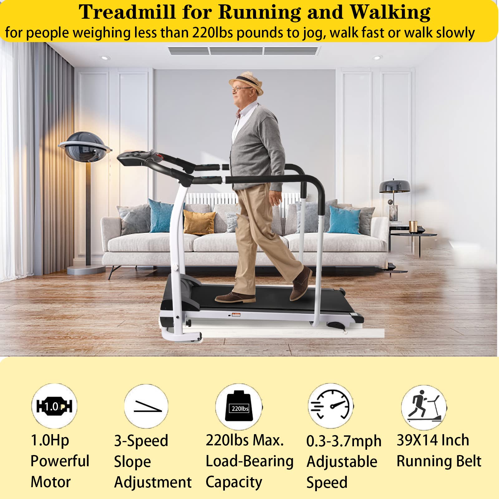 Folding Motorized Treadmill with LCD Display - 2.25HP Quiet Electric Running Machine, Long Handrail for Balance & Safety, Phone/Cup Holder, 220 lbs Capacity - Perfect for Home Gym, Cardio Workout & Physical Therapy Recovery