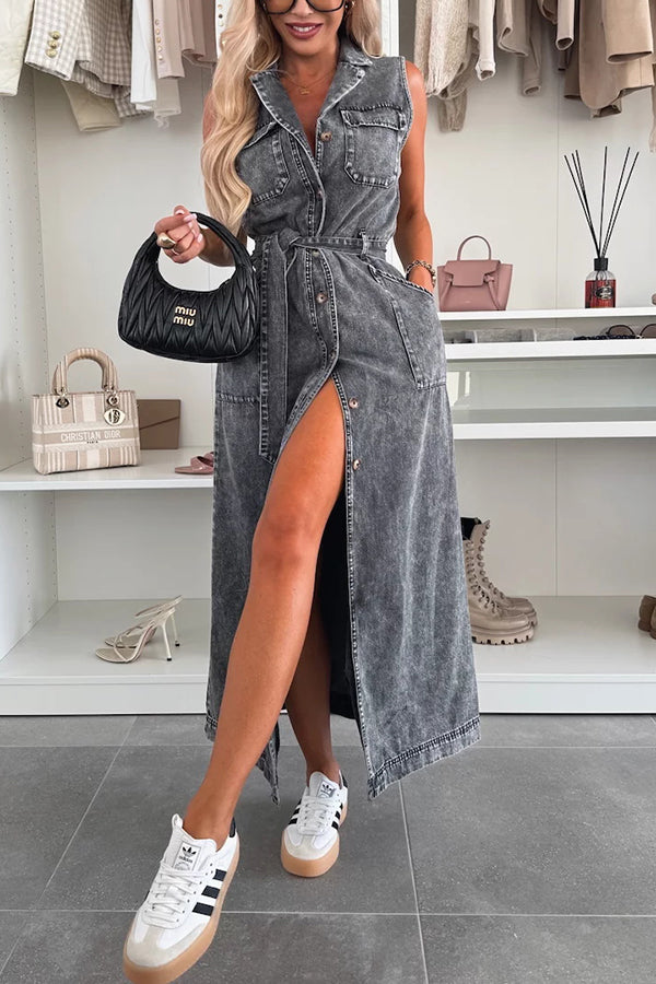 Solid Color Sleeveless Denim Midi Dress with Waist Tie & Pockets - Casual Summer Dress for Women, Perfect for Beach Outings, Picnics, and Weekend Brunch