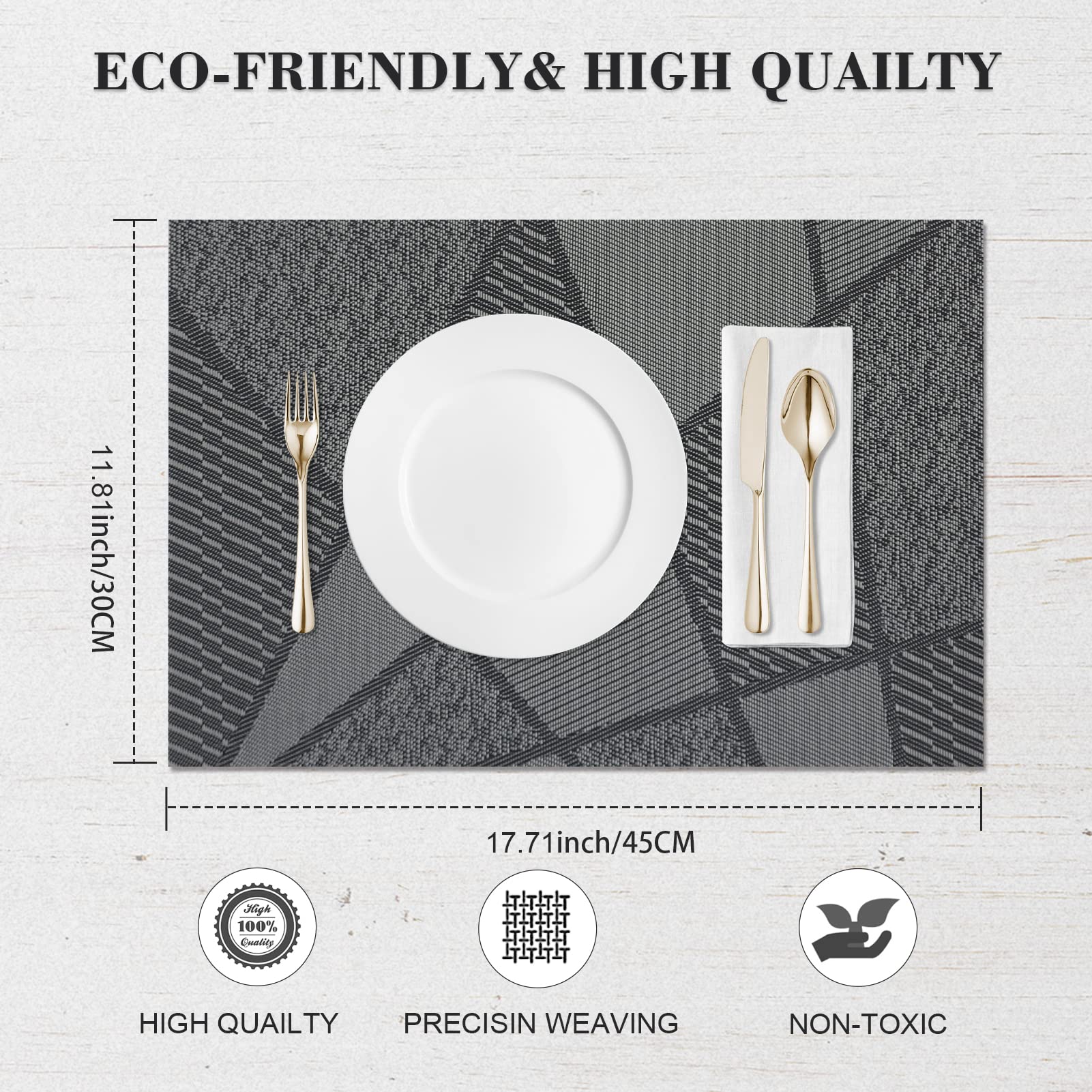 Premium 6-Piece Durable Placemats Set - Heat Resistant & Washable Vinyl Placemats for Kitchen & Dining Table - Indoor/Outdoor Use - Easy Clean & Woven Design (Black) - Perfect for Daily Meals, Parties, and Outdoor Dining