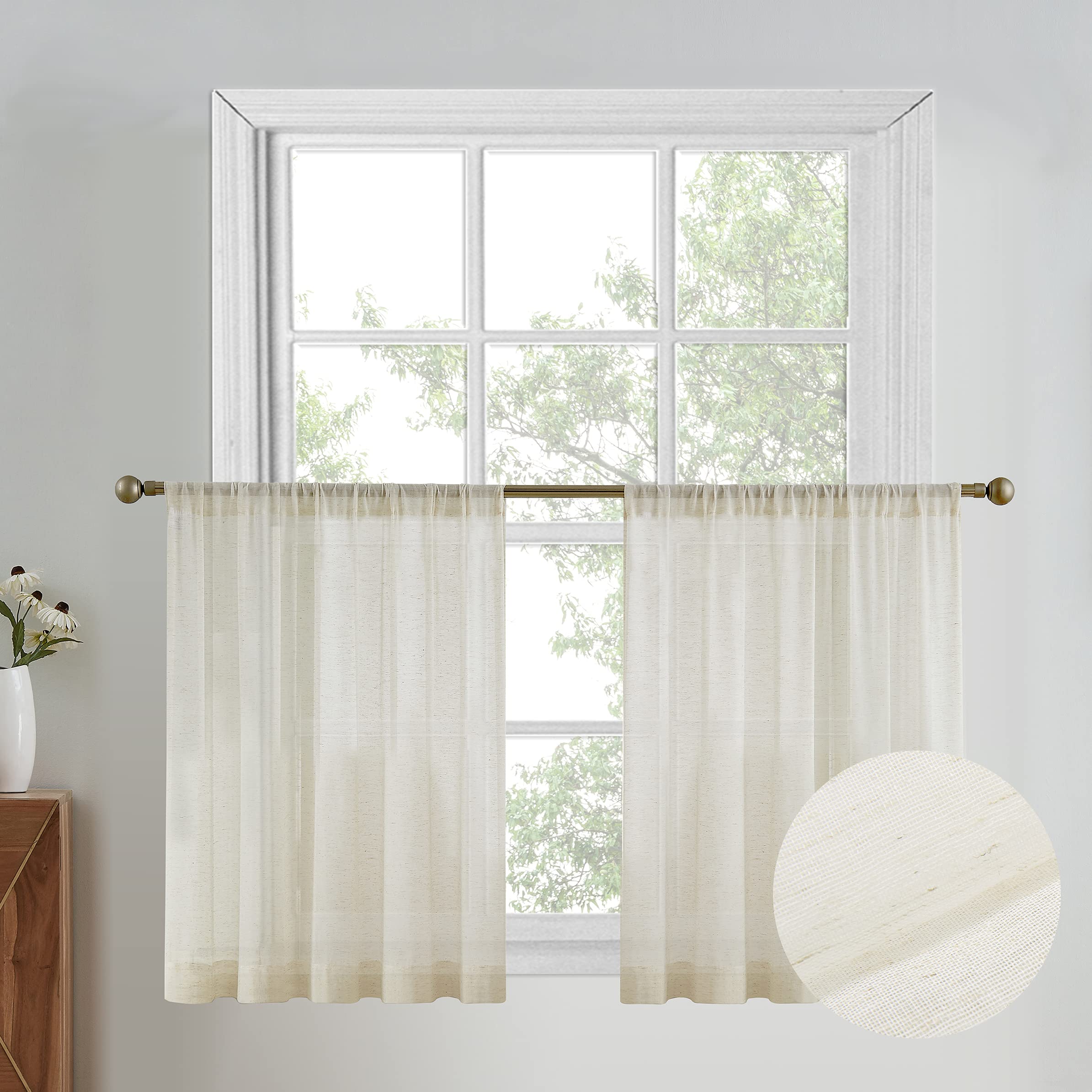 July Joy Natural Linen Textured Semi-Sheer Short Curtains - Light Filtering Window Drapes with Rod Pocket (52x36 Inch, 2 Panels) for Kitchen, Bathroom & Farmhouse Decor - Perfect for Privacy & Soft Natural Lighting
