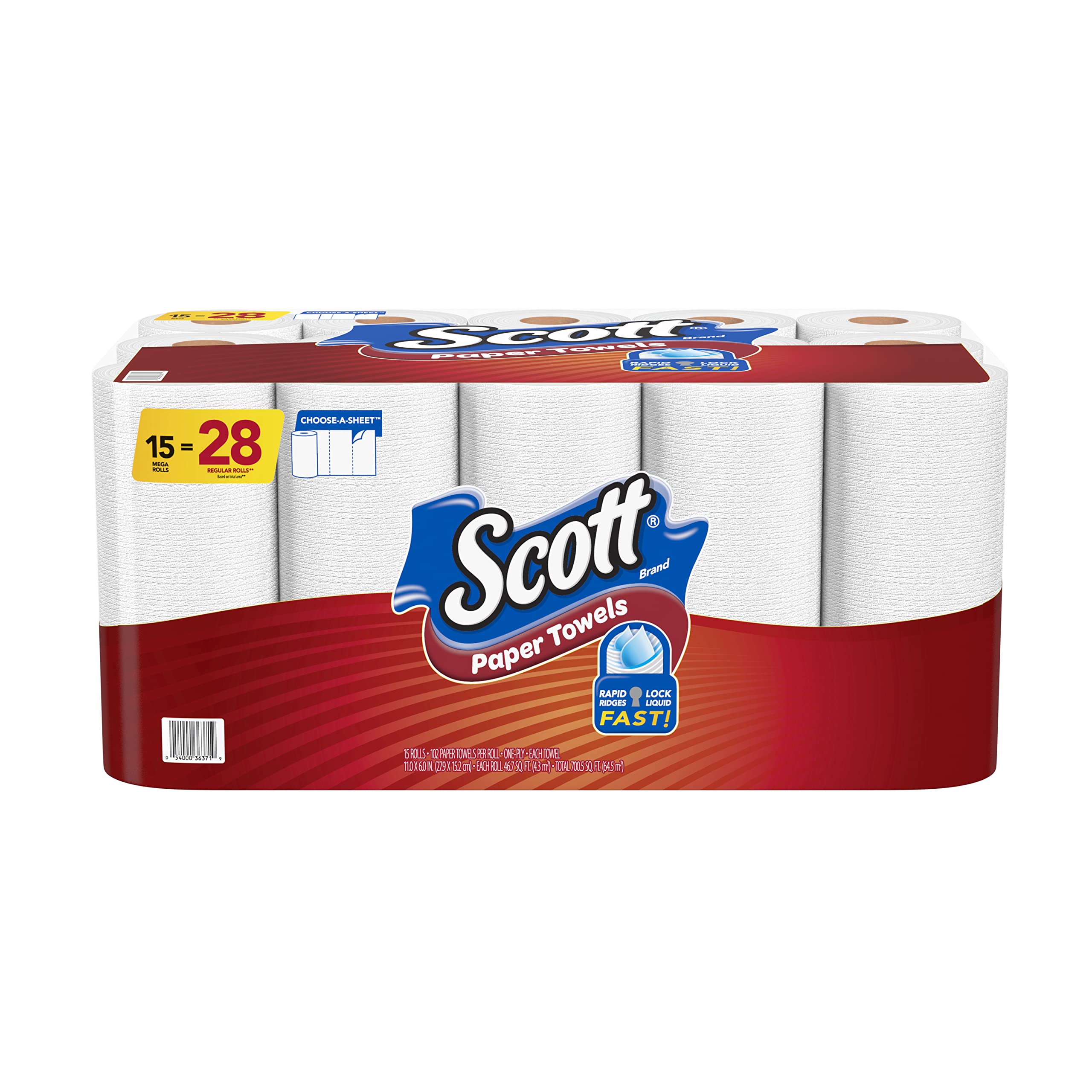 Scott Paper Towels, Choose-A-Sheet - 30 Mega Rolls (Equivalent to 56 Regular Rolls) | 102 Sheets Per Roll | 15 Count (Pack of 2) | Ultra Absorbent & Strong | Perfect for Kitchen Cleaning, Spills & Household Use
