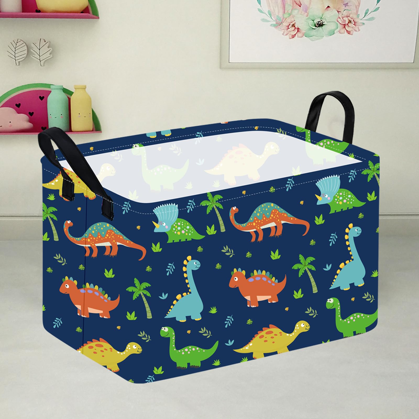 Durable Waterproof Rectangle Toy Storage Bin - Nursery Organizer, Kids Room Decor, Closet & Laundry Hamper - Perfect for Baby Gifts & Shelf Baskets (Blue Dinosaur Design) | Ideal for Playroom, Bedroom & Home Organization