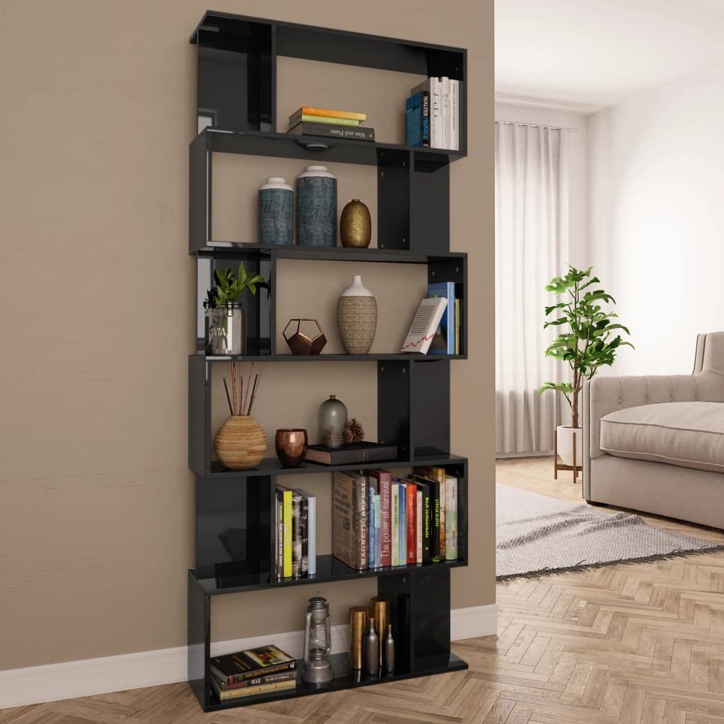 6-Shelf S-Shaped Bookcase Room Divider - Freestanding Display Storage Shelf with 12 Cubes, Modern Home Office Bookshelf Organizer in Black | Perfect for Living Room, Bedroom & Workspace Storage Solutions