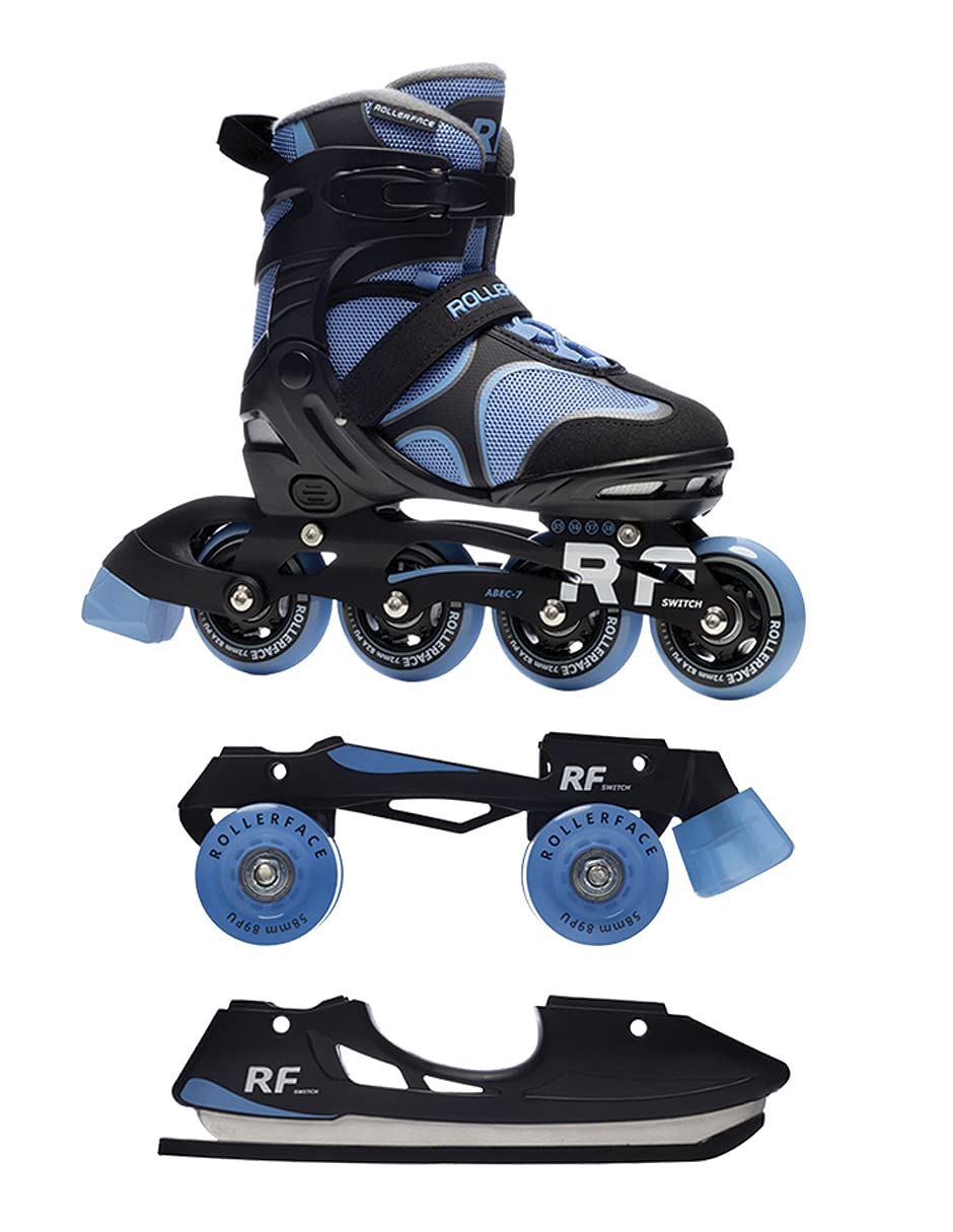 Rollerface Switch 3-in-1 Adjustable Skates - Convertible Inline, Roller & Ice Skates for Sports & Outdoor Fun (Fits 3 Sizes) - Perfect for Kids, Teens & Family Recreation at Parks, Rinks & Trails