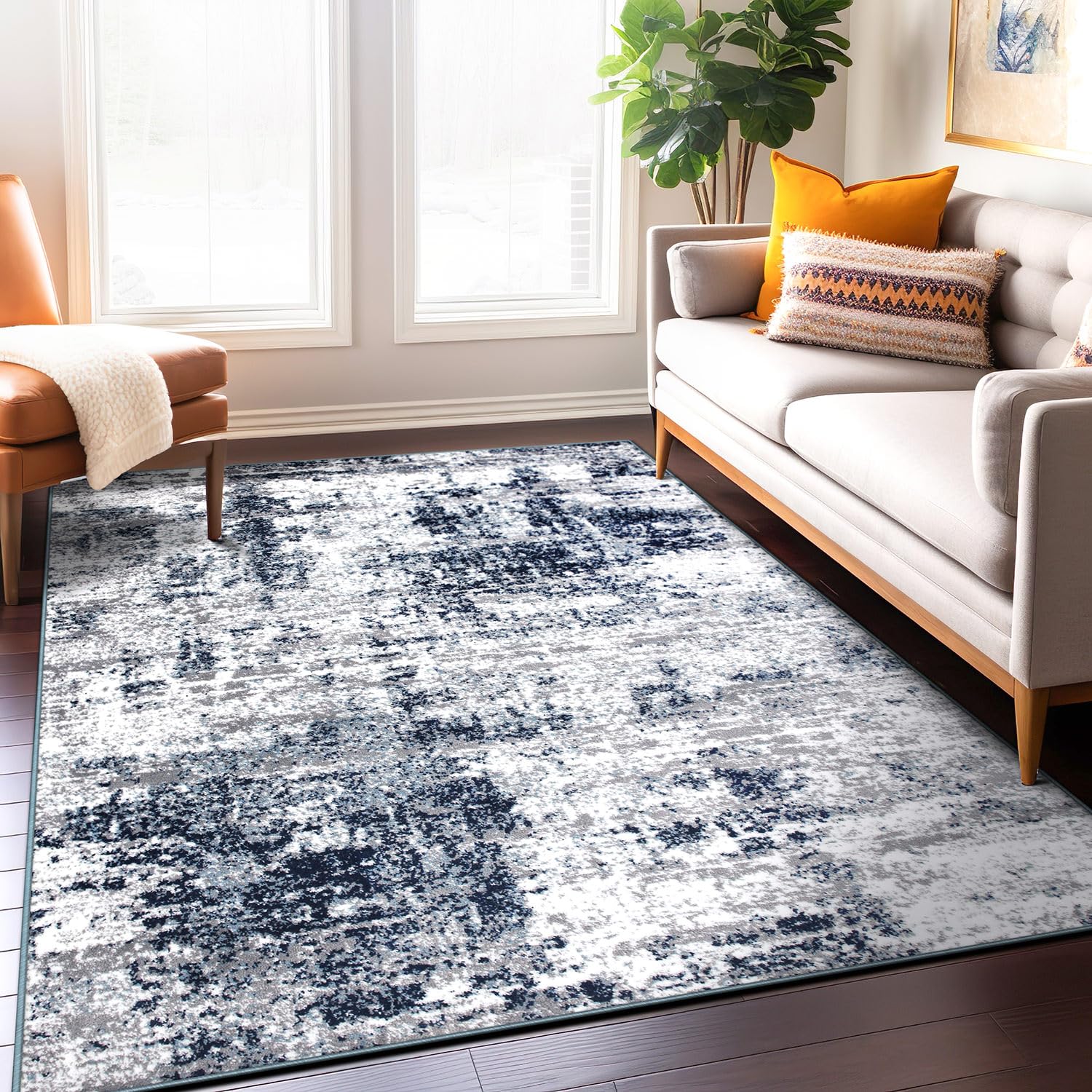 Distressed Abstract Blue Area Rug 7'10