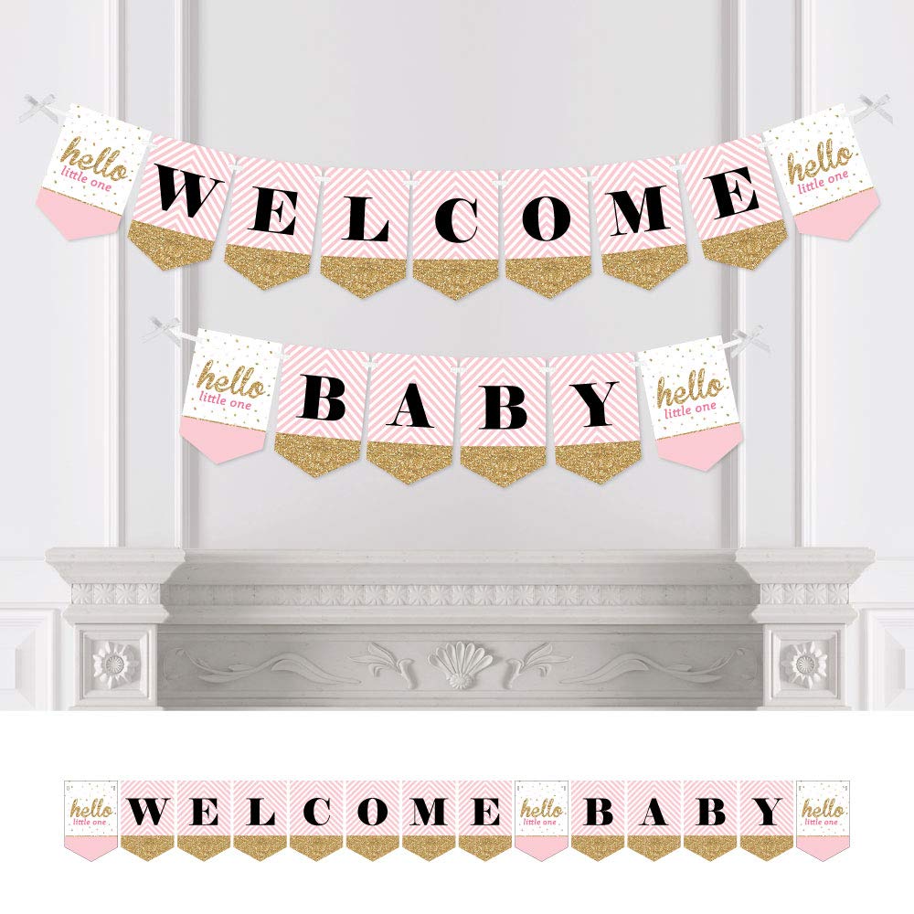 Big Dot of Happiness Hello Little One Pink & Gold Baby Shower Bunting Banner - Gender Reveal & Welcome Baby Girl Party Decorations - Nursery Wall Decor for Newborn Celebrations