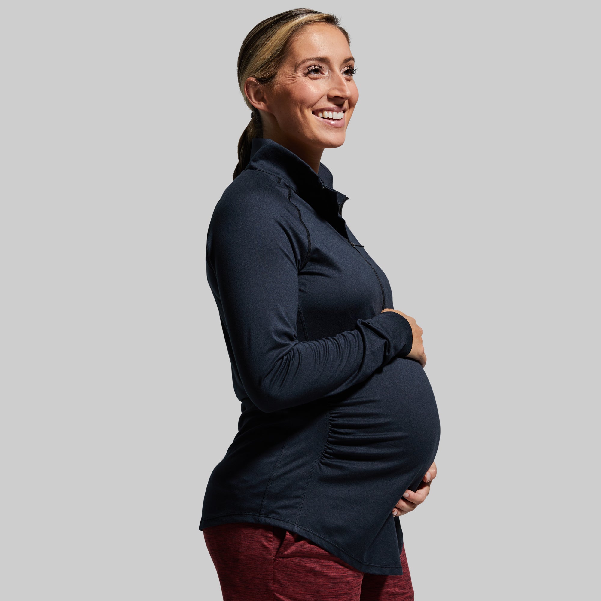 Black Maternity Zip Neck Athleisure Long Sleeve Top - Comfortable Pregnancy Workout Shirt for Yoga, Gym & Casual Wear