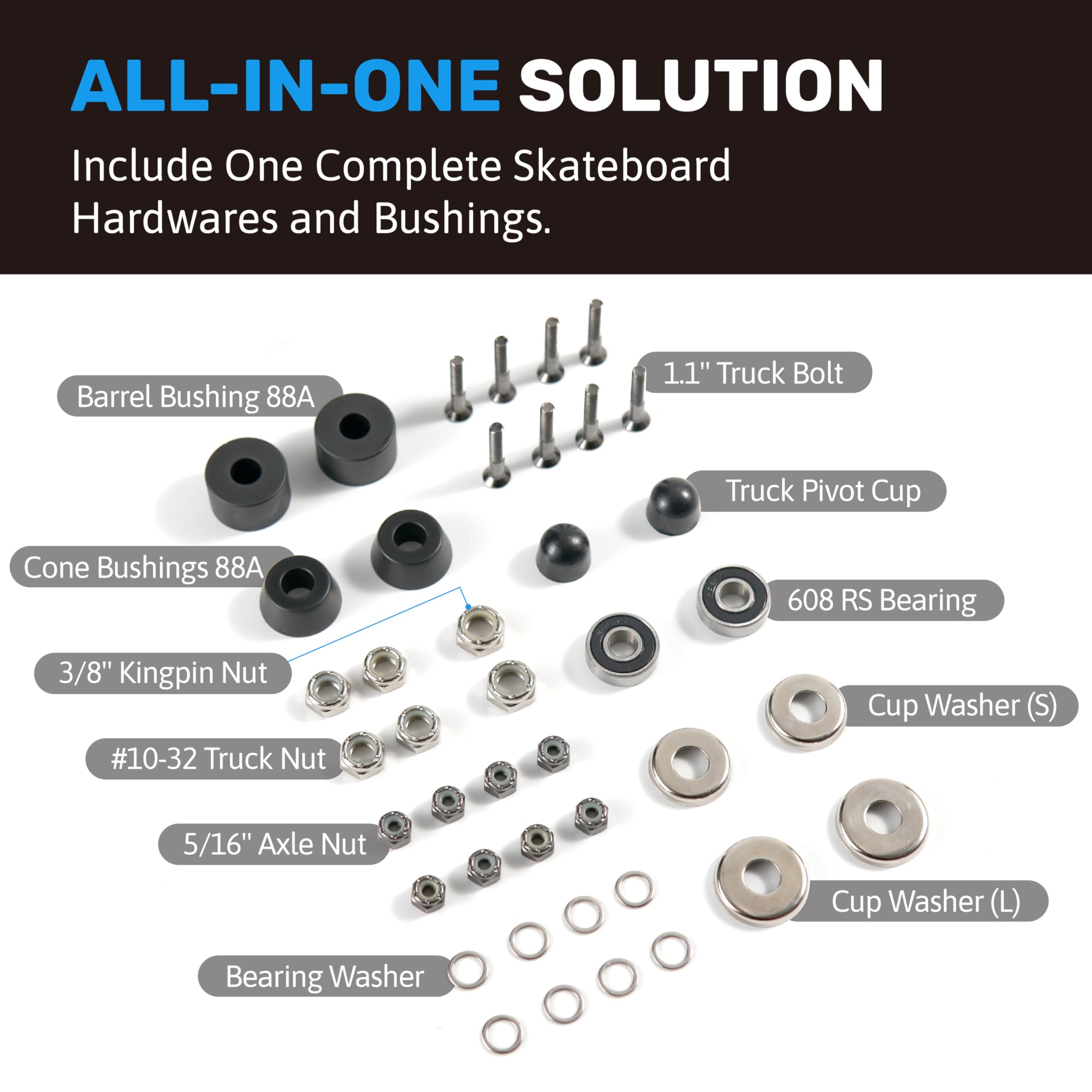 ELOS Complete Skateboard Hardware Kit - Skateboard Trucks Mounting Set with Bearings, Bushings, Kingpins, Pivot Cups, Nuts & Bolts | Durable Skateboard Accessories & Replacement Parts for Smooth Riding & Tricks | Perfect for Street Skating, Park Riding & DIY Skateboard Maintenance