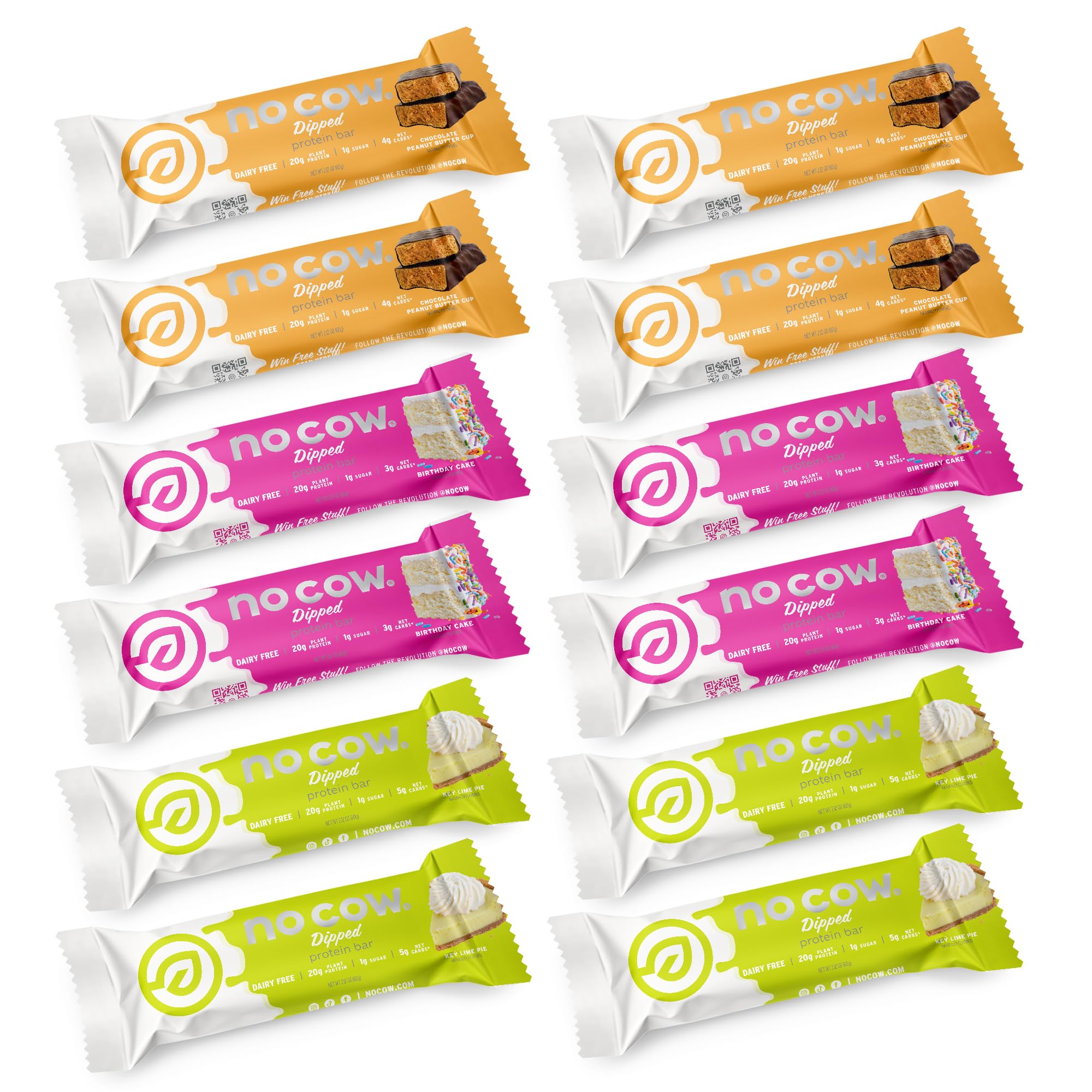 No Cow High Protein Bars, Dipped Variety Pack - 20g Vegan Protein, Low Sugar, Keto Friendly, Dairy & Gluten Free, High Fiber Healthy Snacks (12 Count) - Perfect for Workouts, Hiking & On-the-Go Nutrition