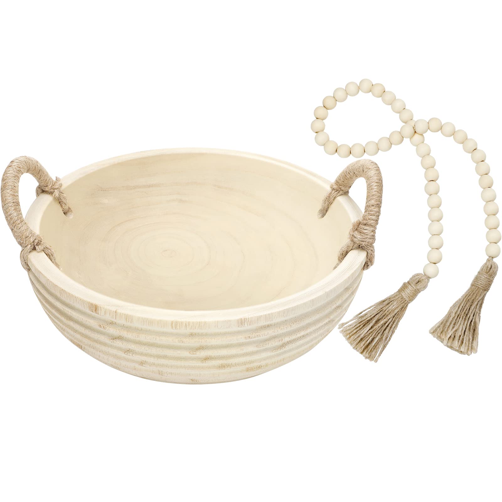Kathfly Wooden Decorative Bowl Set - Natural Paulownia Wood Serving Bowl with Wood Bead Garland, Rustic Large Dough Bowl for Table Centerpieces, Home Decor, Wedding & Party Decorations (Horizontal Stripe) - Perfect for Farmhouse Style Dining, Rustic Weddings and Holiday Tablescapes
