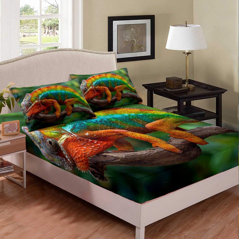 Wild Animal Chameleon Print Queen Size Bed Sheet Set - 3 Piece Duvet Cover with Fitted Sheet & Pillow Cases for Kids & Teens - Multi-Color Lizard Design for Jungle Themed Bedroom Decor