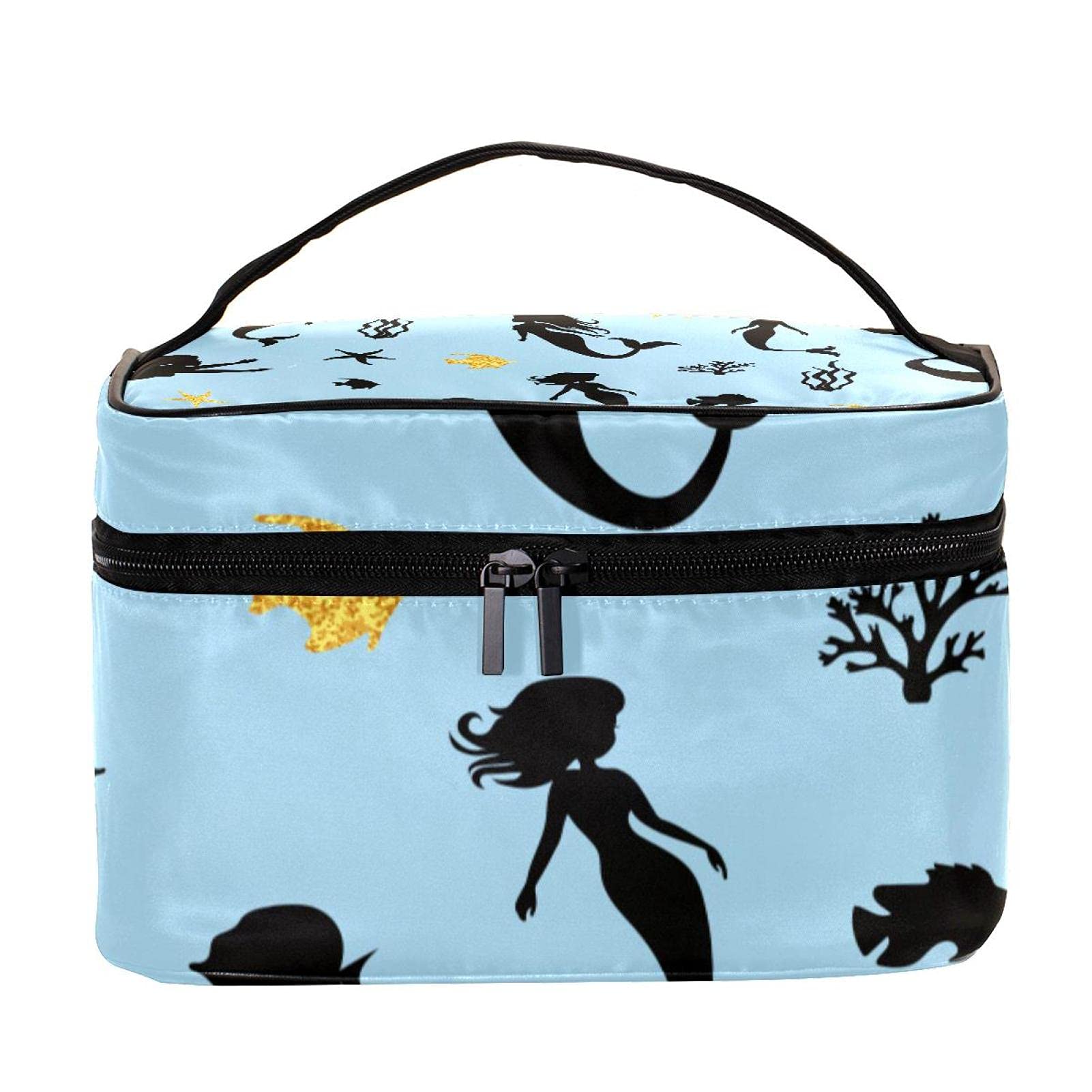 Ocean Mermaid Fish Blue Pattern Large Travel Makeup Bag - Waterproof Cosmetic Organizer with Zipper for Women & Girls - Perfect for Vacation, Beach Trips & Daily Makeup Storage