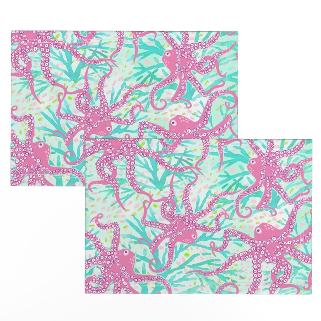 Ocean Octopus Printed Linen Cotton Canvas Placemats (Set of 2) - Nautical Beach Table Decor for Summer Dining, Kitchen, and Outdoor Picnics