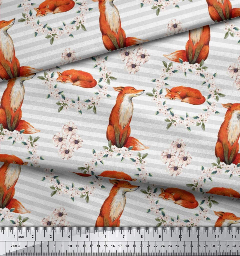 Soimoi Cotton Voile White Fabric by The Yard - 42 Inch Wide Floral Wreath & Fox Stripe Printed Fabric - Perfect for DIY Dresses, Curtains, and Home Decor Projects