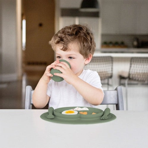 ezpz Mini Feeding Set for Toddlers - Olive Green | BPA-Free Silicone Baby Plates & Bowls | Perfect for Baby-Led Weaning, Travel & Daycare Use