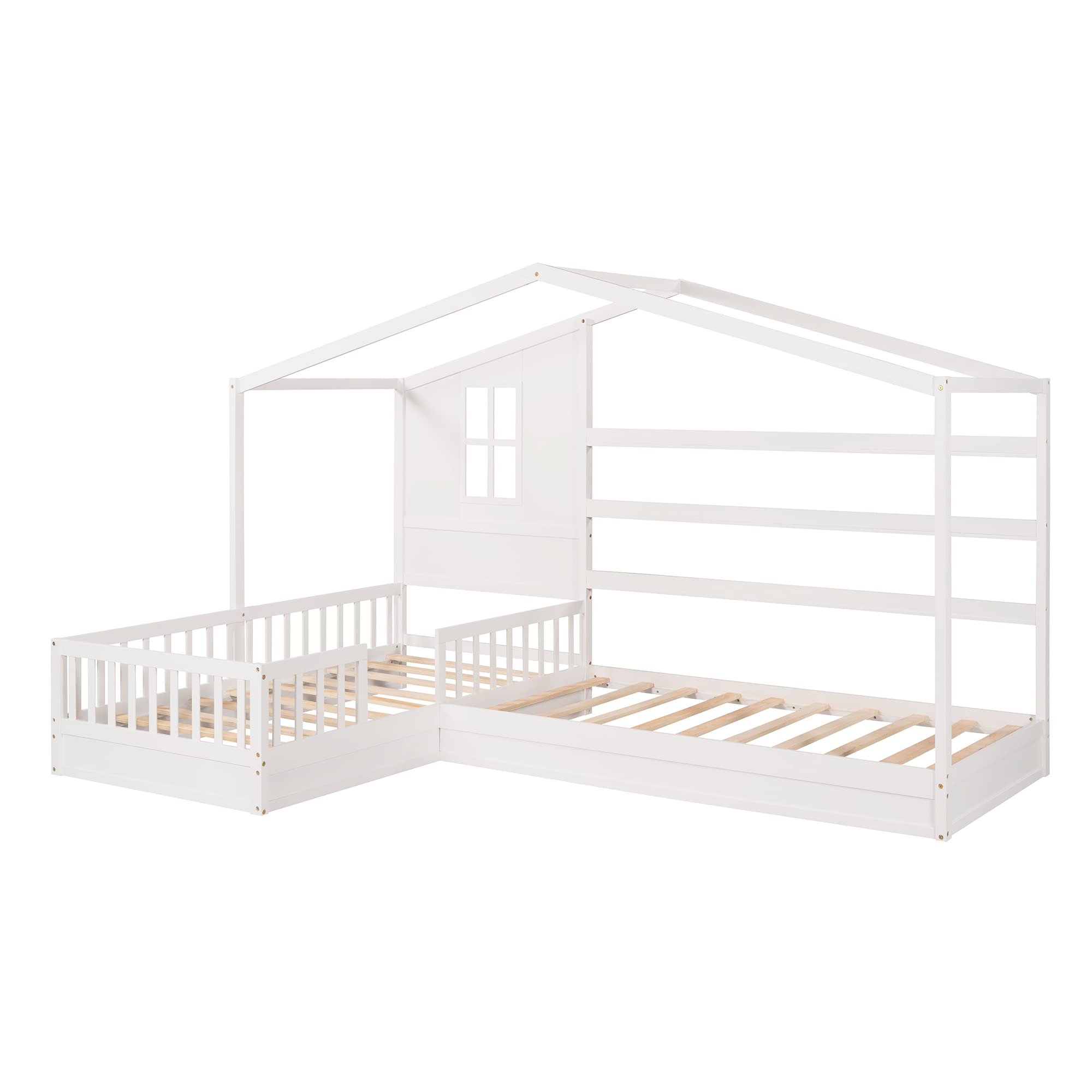 MERITLINE L-Shaped Twin House Bed for 2 Kids - Wooden Double Bunk Beds with Safety Fence & Playhouse Roof - Space-Saving Corner Bedroom Furniture - No Box Spring Needed (White) - Perfect for Kids' Rooms, Shared Bedrooms & Play Areas