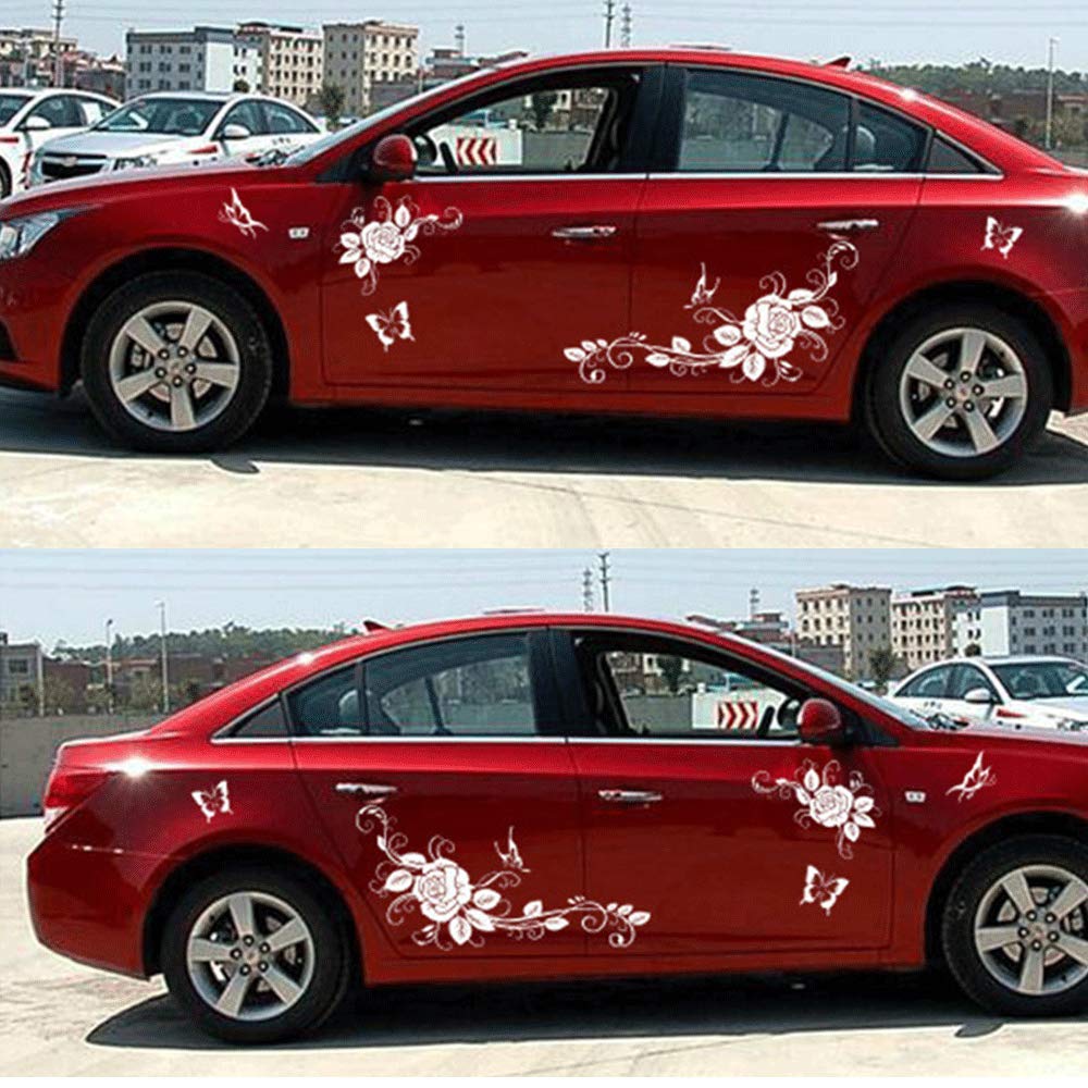 GiftCity White Vinyl Car Decal Stickers - 1 Set Butterfly & Flower Design for Car Body - Universal Automotive Decoration - Perfect for Personalizing Vehicles, Windows, Laptops & Gift Giving