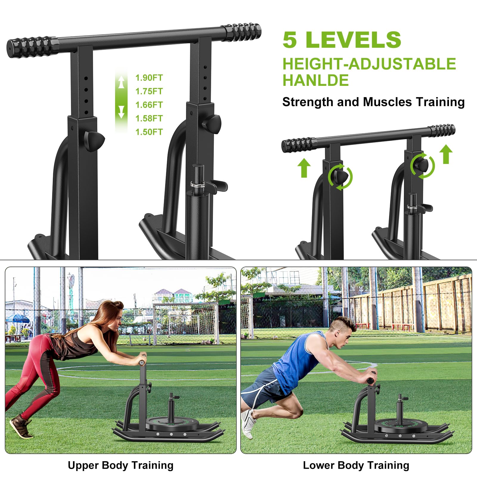 Heavy Duty Weight Sled for Strength Training - Adjustable Push Pull Gym Sled with Height-Adjustable Handle - Fitness Equipment for Muscle Building & Speed Improvement - Compatible with 1