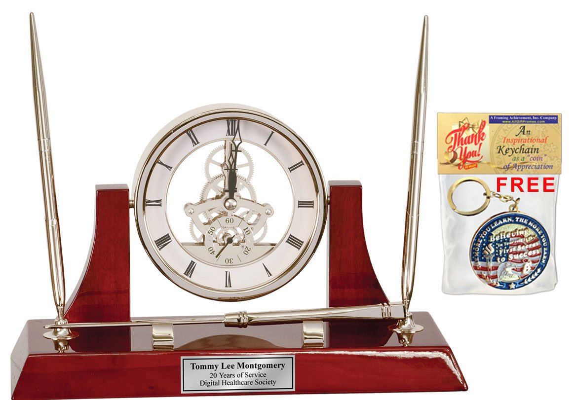 Personalized Engraved Da Vinci Mechanical Gear Desk Clock with 2 Silver Pens & Letter Opener - Unique Retirement Gift, Service Award, Home Office Decor for Engineers & Collectors | Perfect for Desk Organization, Corporate Recognition & Steampunk Lovers