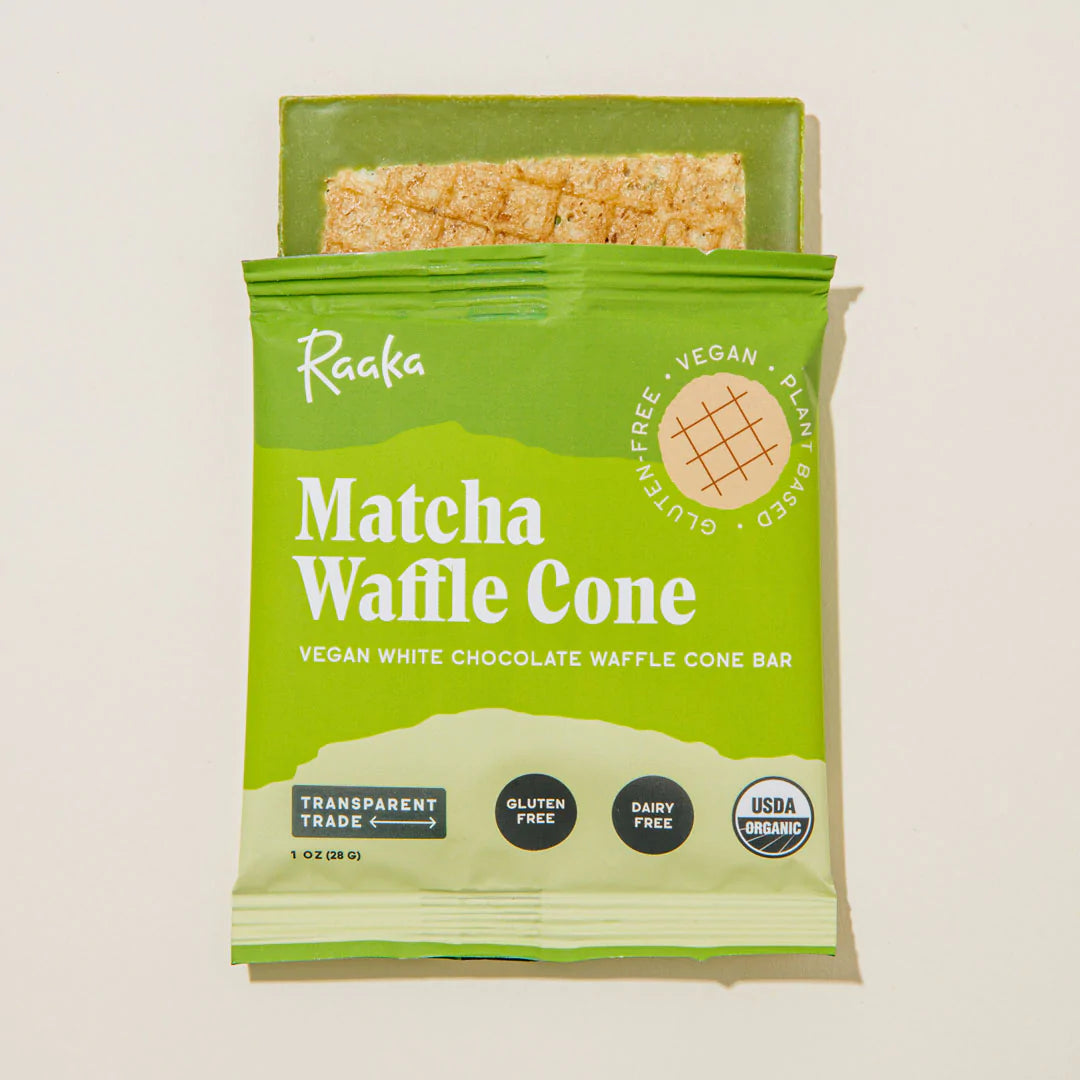 Organic Raaka Matcha Waffle Cone 40% Dark Chocolate - Vegan, Gluten-Free Dessert for Ice Cream, Yogurt & Healthy Snacking