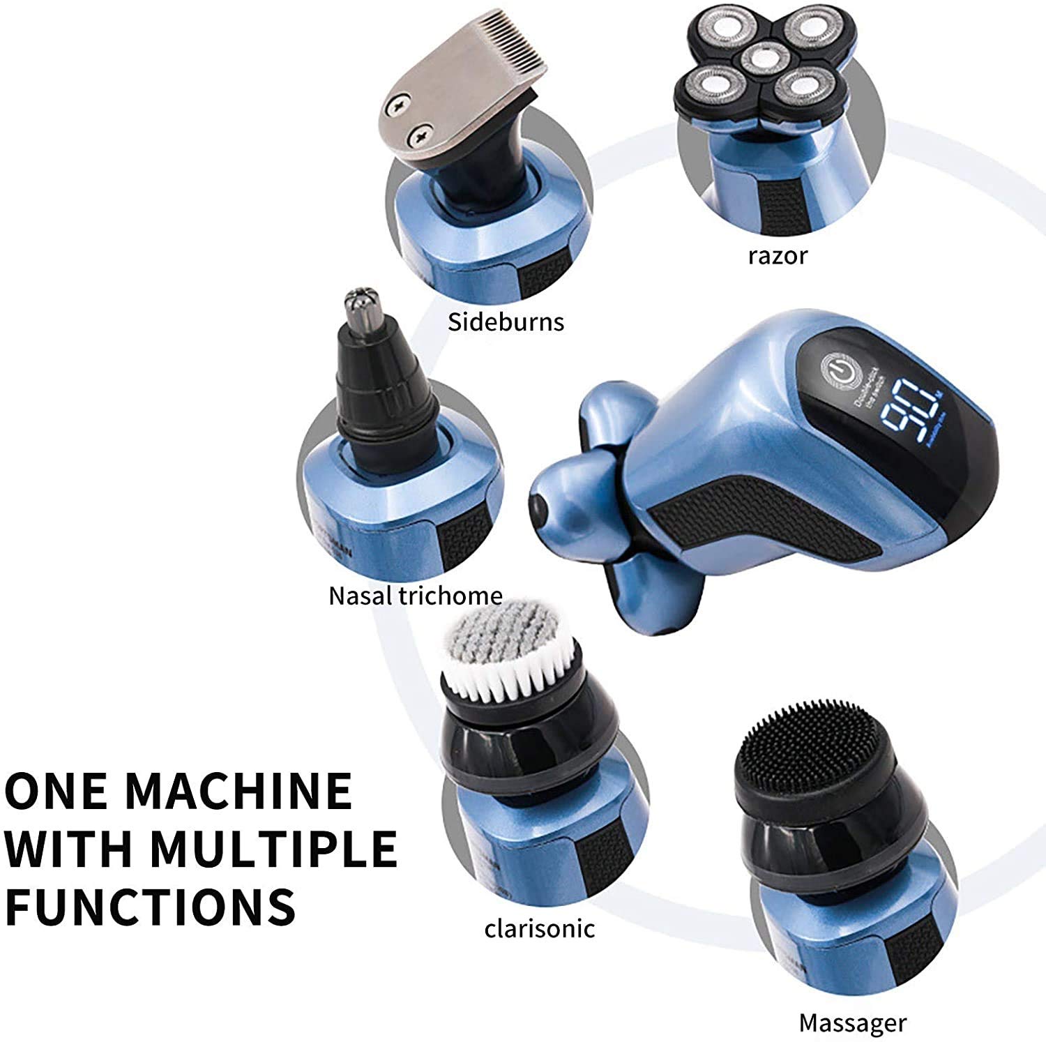 5-in-1 Electric Shaver for Men - Rechargeable Cordless Wet/Dry Rotary Shaver with Bald Head Shaver, Nose Hair Trimmer & Facial Cleansing Brush - Perfect for Travel, Gym & Daily Grooming Routine