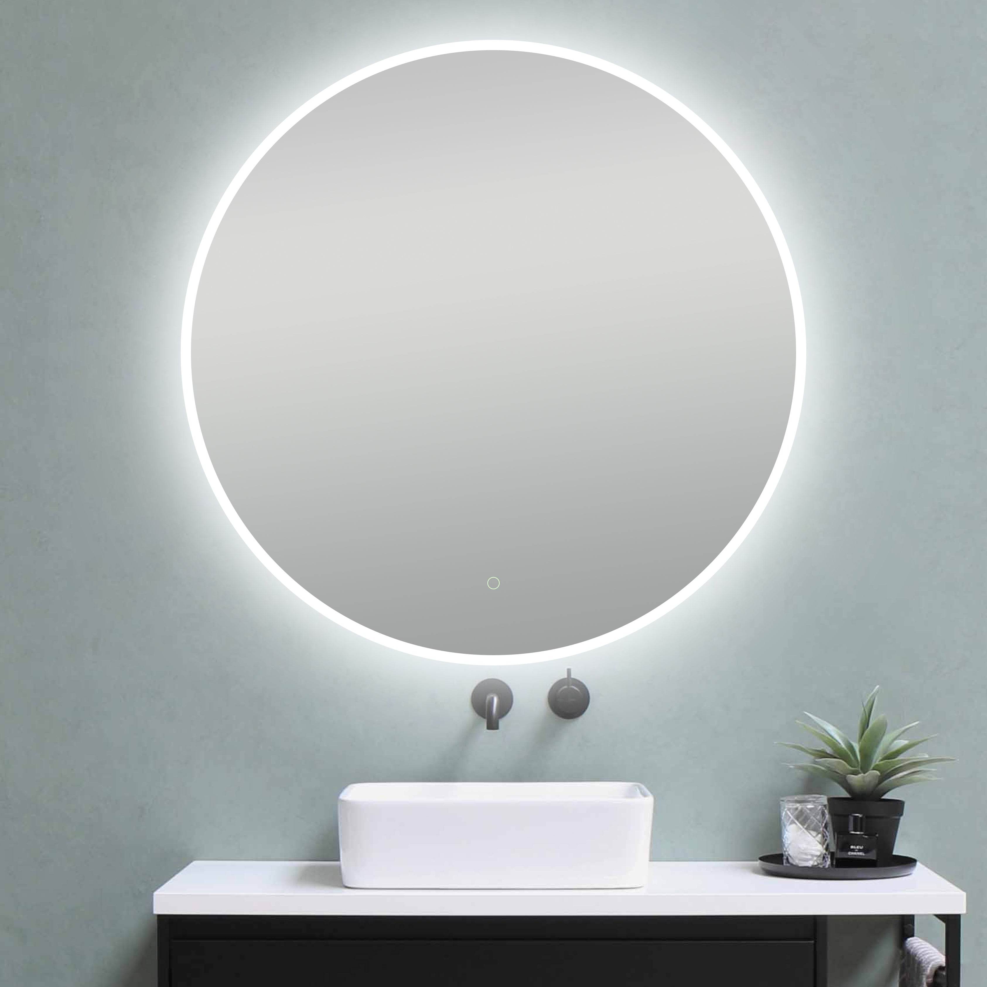 Premium Onyx Round Frameless LED Bathroom Mirror with Defogger - Touch Control & Adjustable Lighting (12