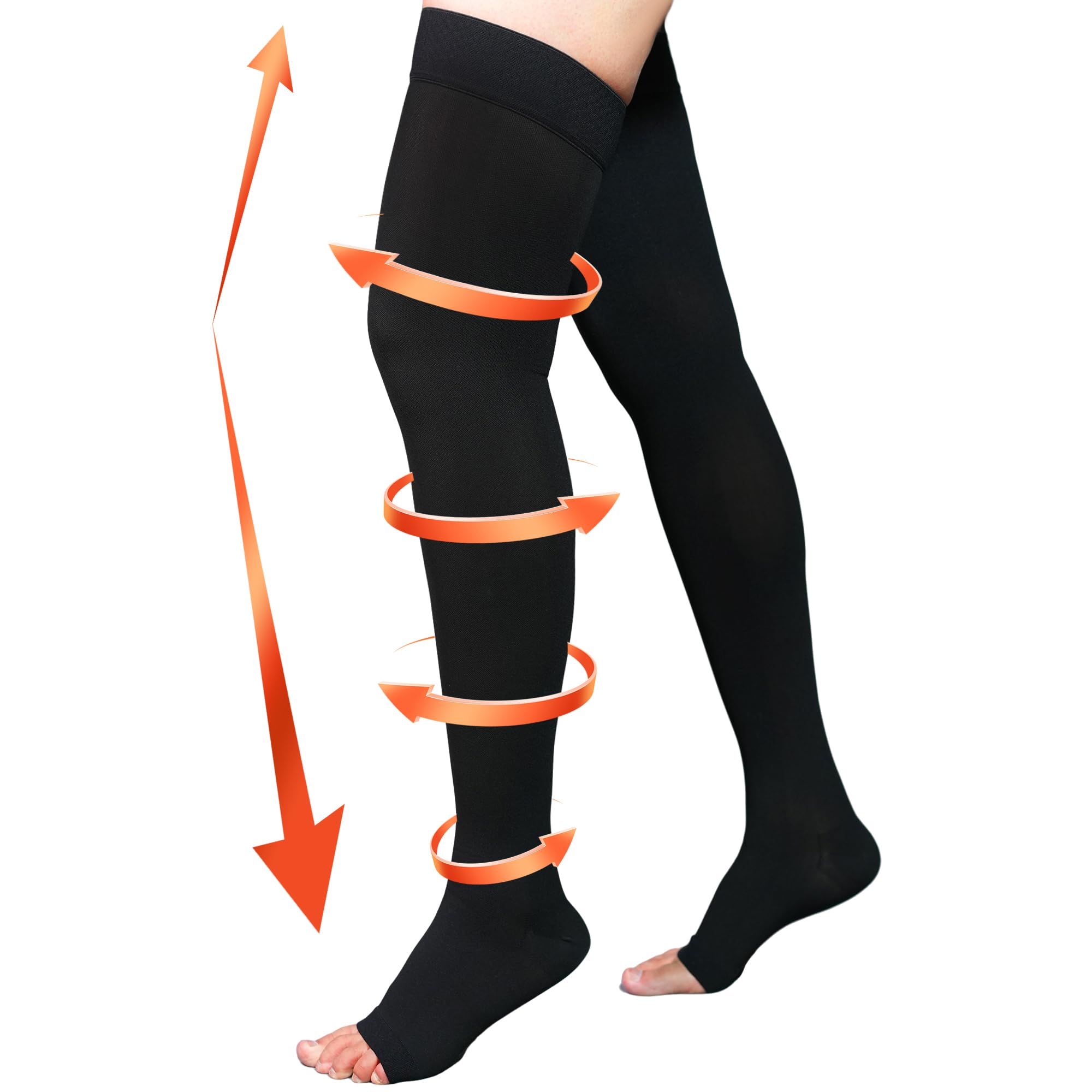 20-30 mmHg Thigh High Compression Stockings for Women & Men - Open Toe with Silicone Dot Band - Varicose Vein Relief & Circulation Support for Travel, Pregnancy & Long Standing