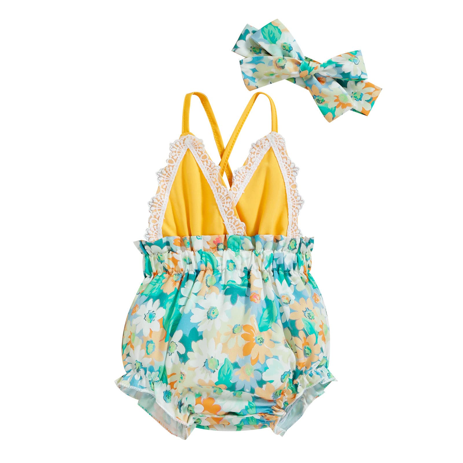 Xbgqasu Infant Girls Sleeveless Lace Backless Romper - Floral Printed Suspenders Jumpsuit with Headband (Yellow, 9 Months) for Baby Photoshoots, Summer Outfits & Special Occasions