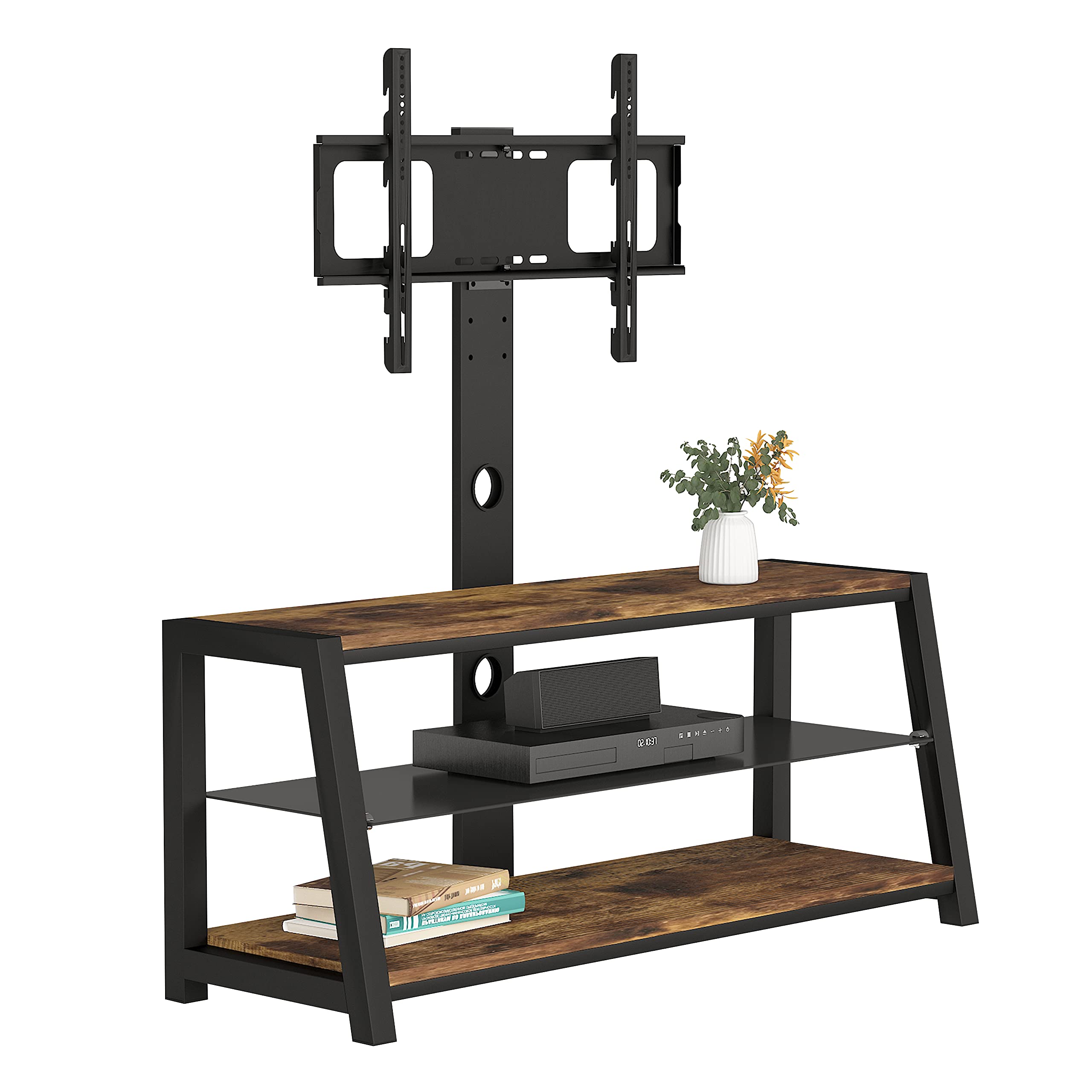 Black Wooden TV Stand with Tempered Glass - Adjustable Height, Universal Swivel Design - Entertainment Center with Mount for Living Room, Bedroom & Home Theater Setup