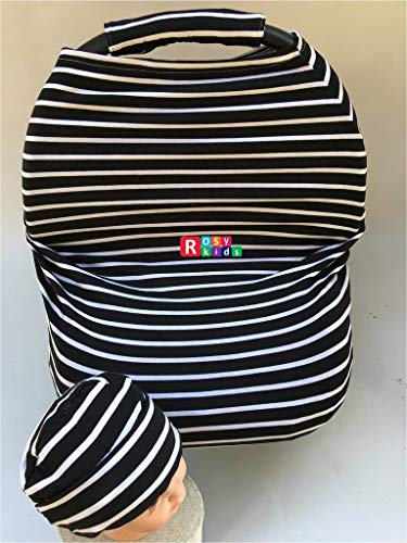 Rosy Kids Stretchy Infant Car Seat Canopy Cover - Soft Jersey Nursing Scarf & Privacy Cover with Matching Handle Cover & Baby Hat (Color 23DR11) - Perfect for Newborns, Breastfeeding, and Sun Protection in Car Seats & Strollers